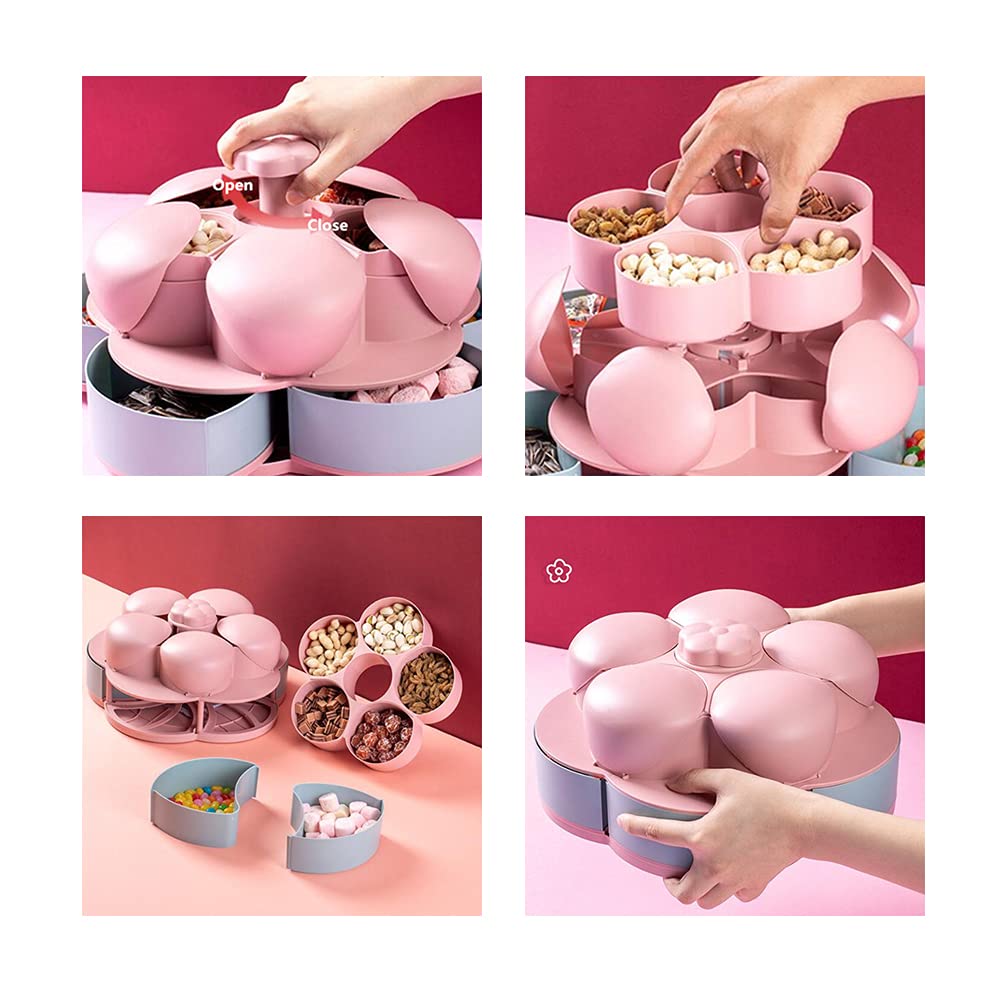 Double Deck Snack Box - 10 Grid Rotating Candy Serving Tray for Dried Fruit, Nuts, Chips & Olives | Flower-Shaped Creative Storage Container (Pink) - Perfect for Parties, Movie Nights & Home Entertaining