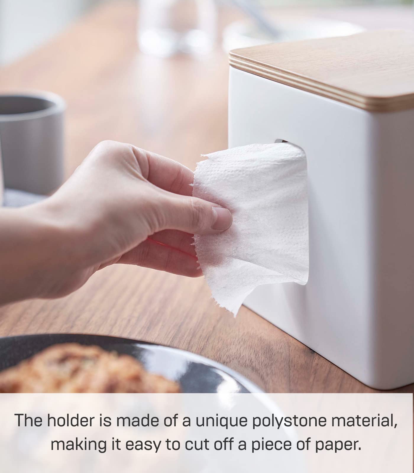 Yamazaki Home Rin Tissue Paper Holder with Removable Wooden Lid - Rectangular Storage Box for Toilet Paper, Paper Towels & Tissues - Polystone Material - Perfect for Kitchen, Bathroom & Bedroom Organization