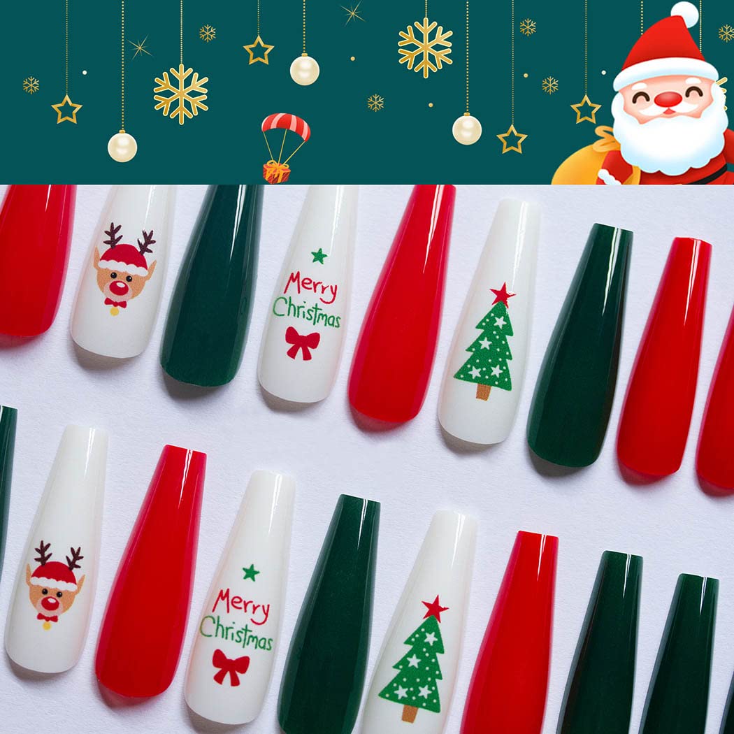 Extra Long Press on Nails - Snowflake Red Christmas Fake Nails with Elk Ballerina Glossy Finish | Full Cover False Nails Santa Claus Acrylic Tips for Women & Girls (30 PCS, Pattern-A) | Perfect for Holiday Parties, Gift Giving & Festive Nail Art
