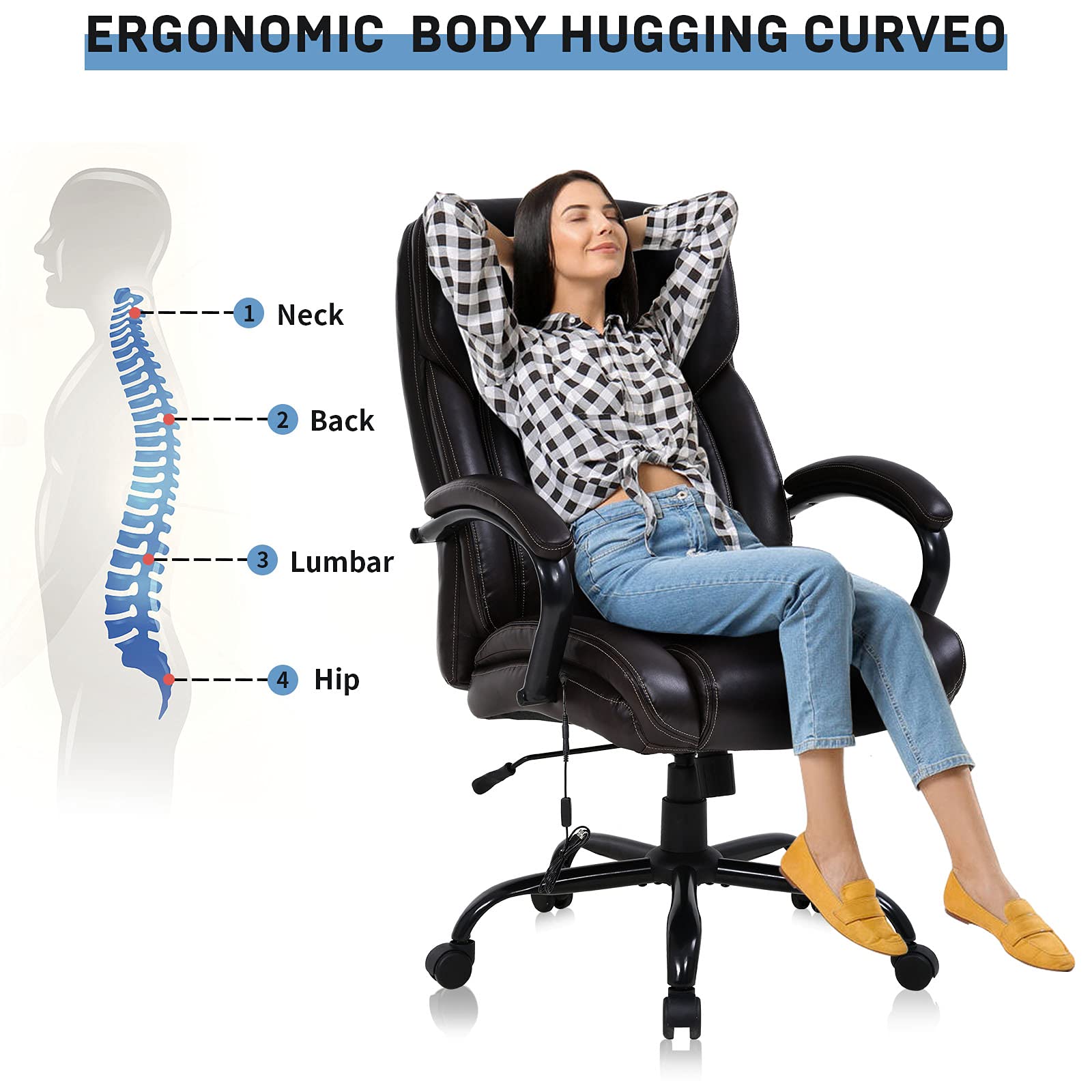 Big and Tall Office Chair Heavy Duty 500 lbs Capacity - Wide Seat Ergonomic Computer Chair with Massage, Padded Armrests & Lumbar Support - Modern Rolling Swivel Desk Chair for Home Office, Gaming & Workspace (Black)