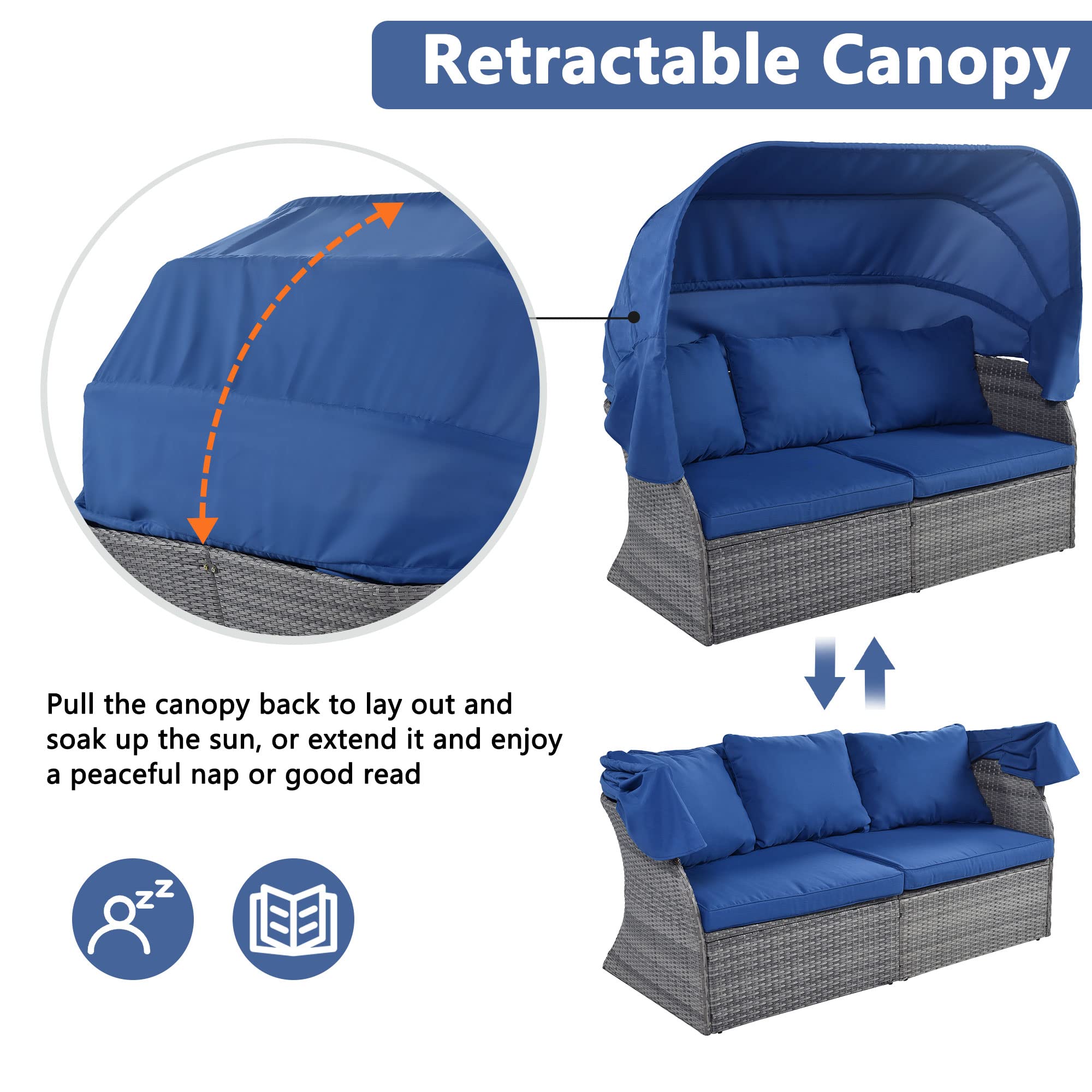 Amposei Outdoor Patio Furniture Set - Blue Rattan Wicker Sunbed Sectional with Canopy for Porch, Balcony, Backyard | Perfect for Lounging, Sunbathing & Relaxing in Your Outdoor Space