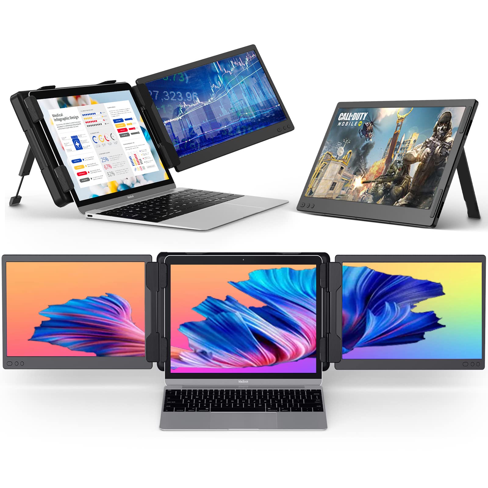 ALLVIA 12 Inch Portable Monitor for Laptop - 1080P HDR IPS Screen Extender with Detachable Stand, Triple Display for Windows, Chrome & Mac (13-17
