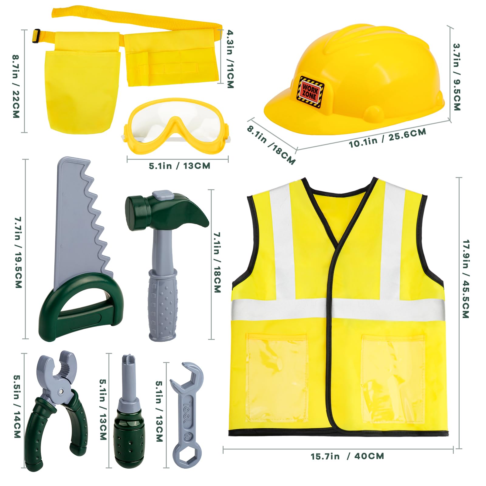 Kids Construction Worker Costume Set - Toddler Tool Kit with Adjustable Belt, Vest & Hat for Boys & Girls Ages 3-6 | Pretend Play Toys for Role-Playing & Early Learning