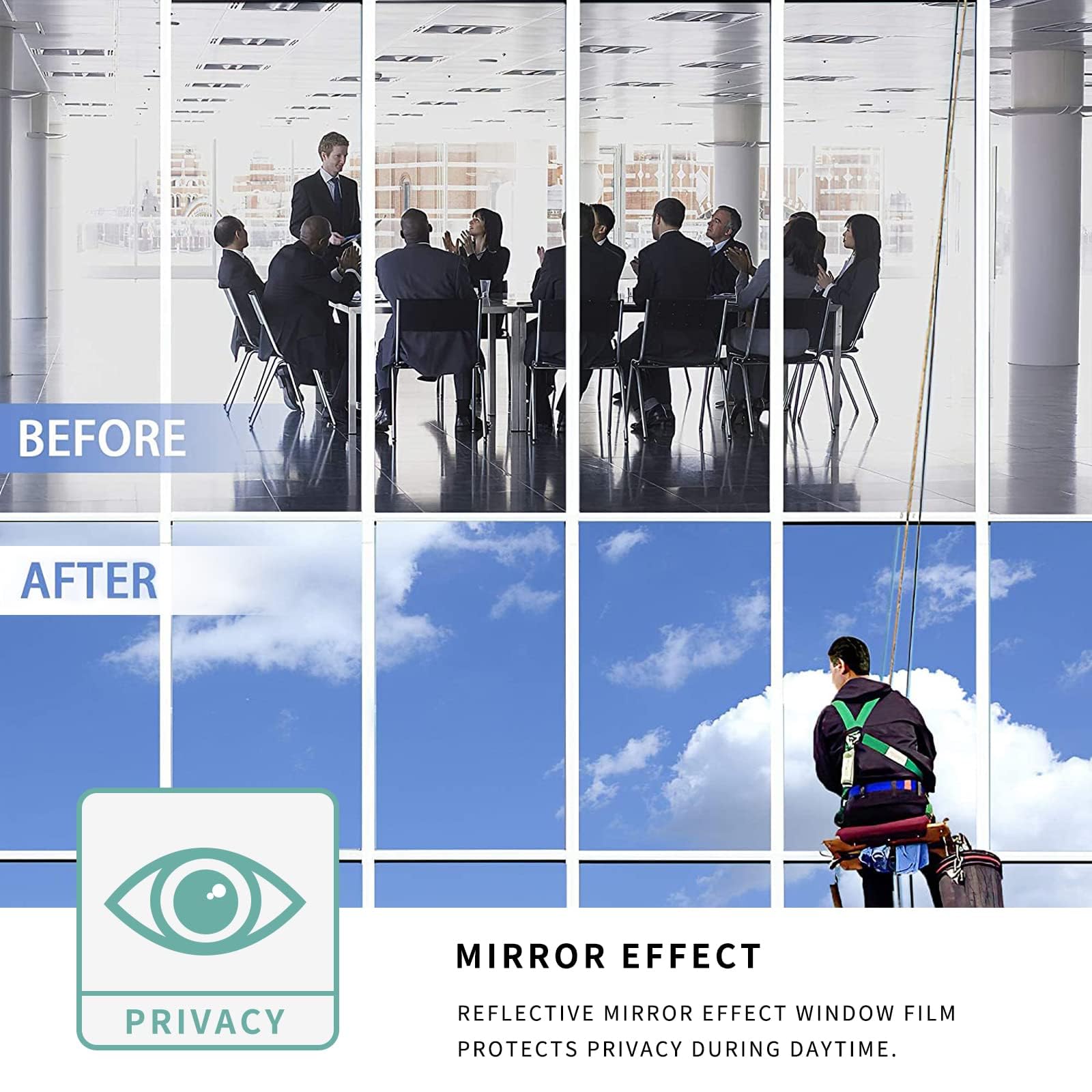 One Way Mirror Privacy Window Film - Static Cling Non-Adhesive UV Blocking Reflective Tint for Home & Office (Black Silver, 11.81