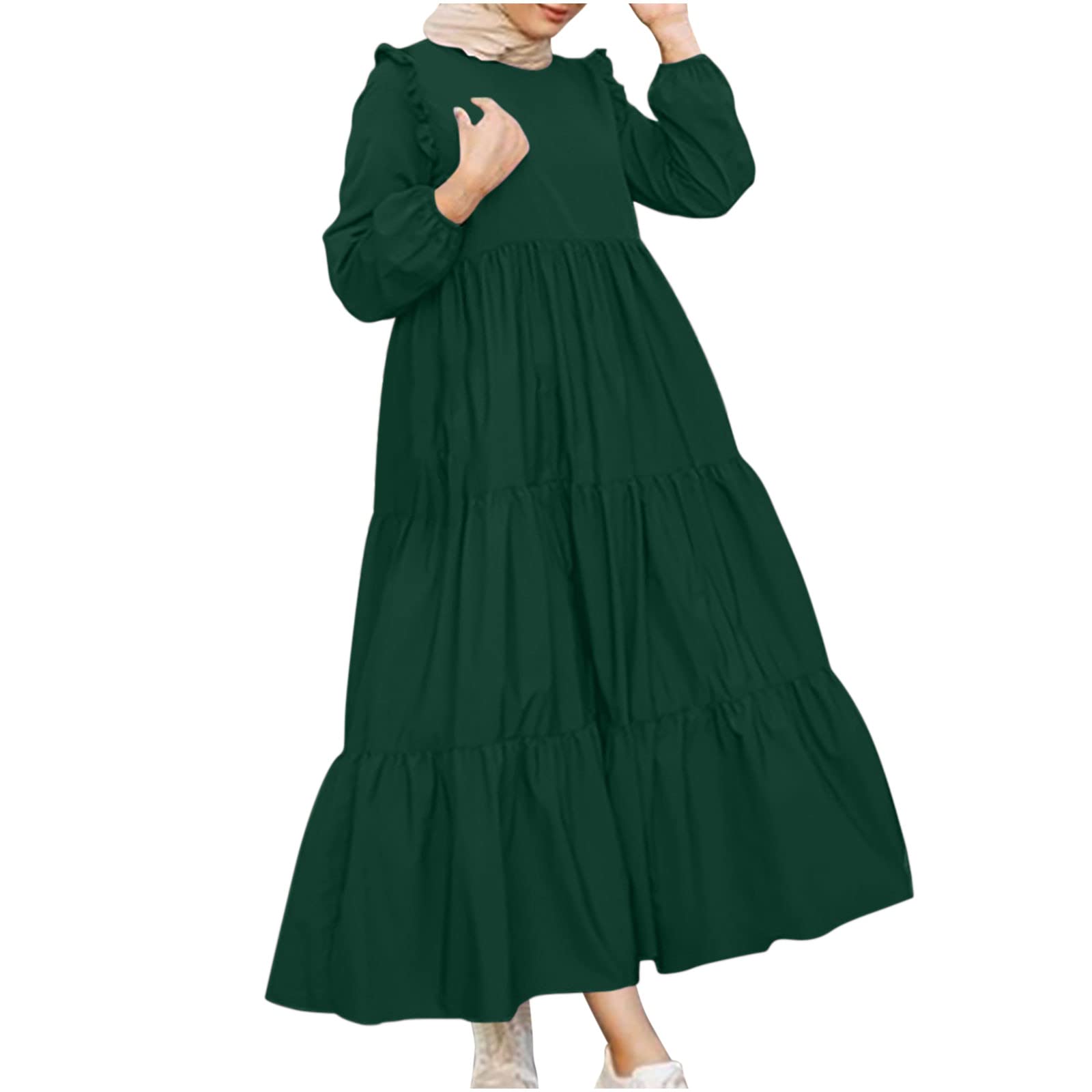 Elegant Islamic Muslim Abaya Maxi Dress for Women - Plus Size Long Sleeve Tiered Round Neck Medieval Renaissance Dress - Perfect for Prayer, Eid, Wedding & Special Occasions