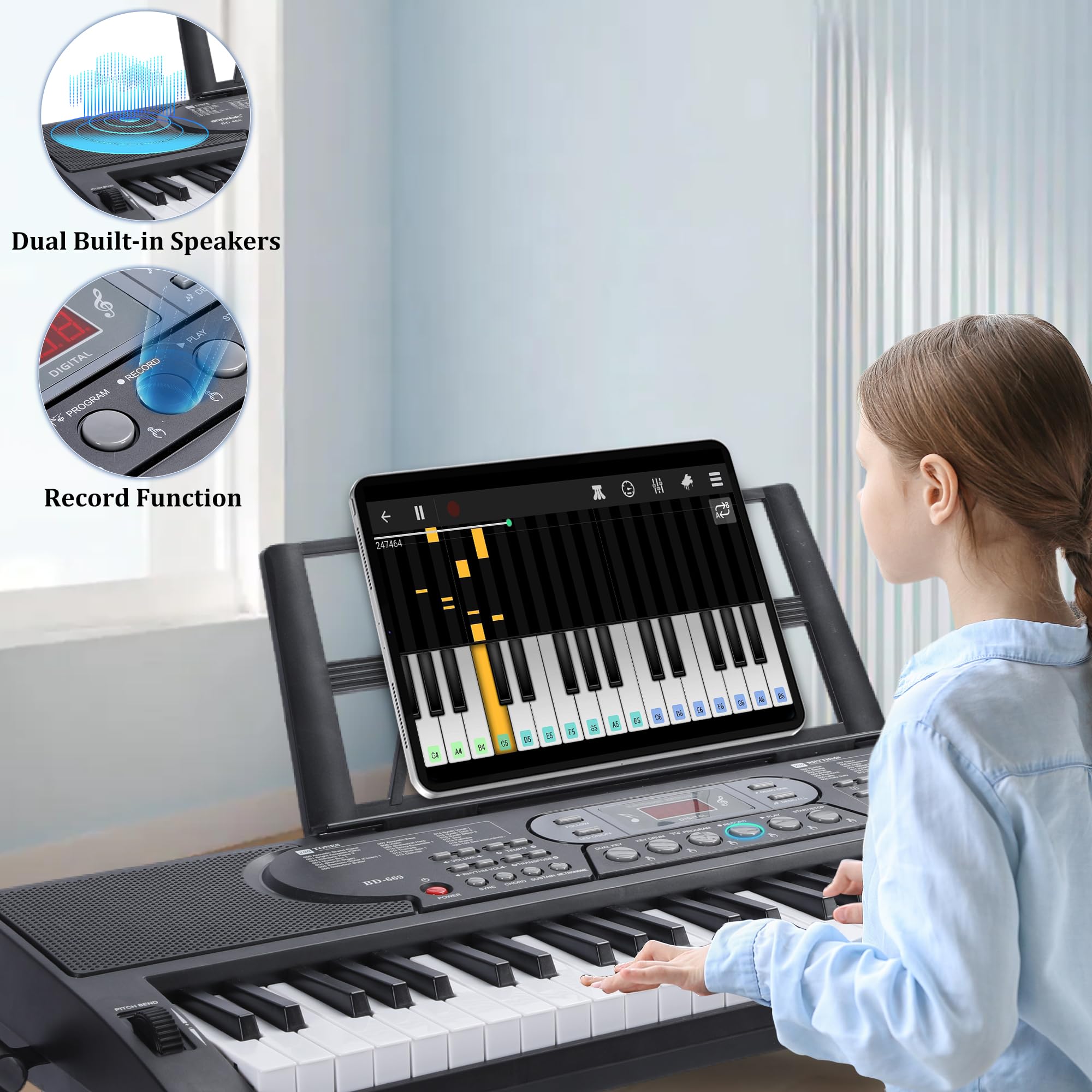 61-Key Electric Digital Piano Keyboard Set with Light-Up Keys, Speakers & Microphone - Foldable Stand & Bench Included - Perfect for Beginners Learning Piano at Home, School or Studio