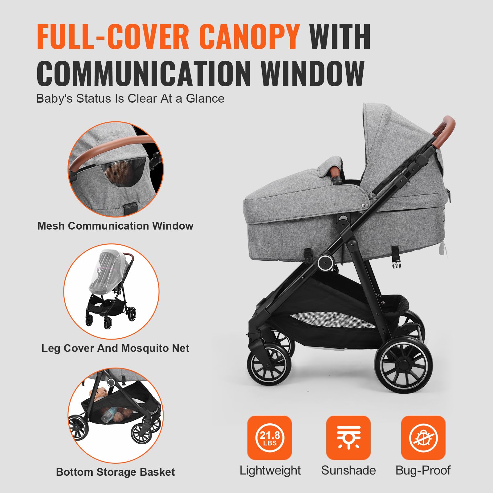 VEVOR 3-in-1 Baby Stroller with Bassinet | Adjustable Reversible Seat & Foldable Design | Carbon Steel Frame with Leg Cover & Mesh Net | Perfect for Newborns to Toddlers | Ideal for Shopping, Travel & Daily Walks (Dark Grey)
