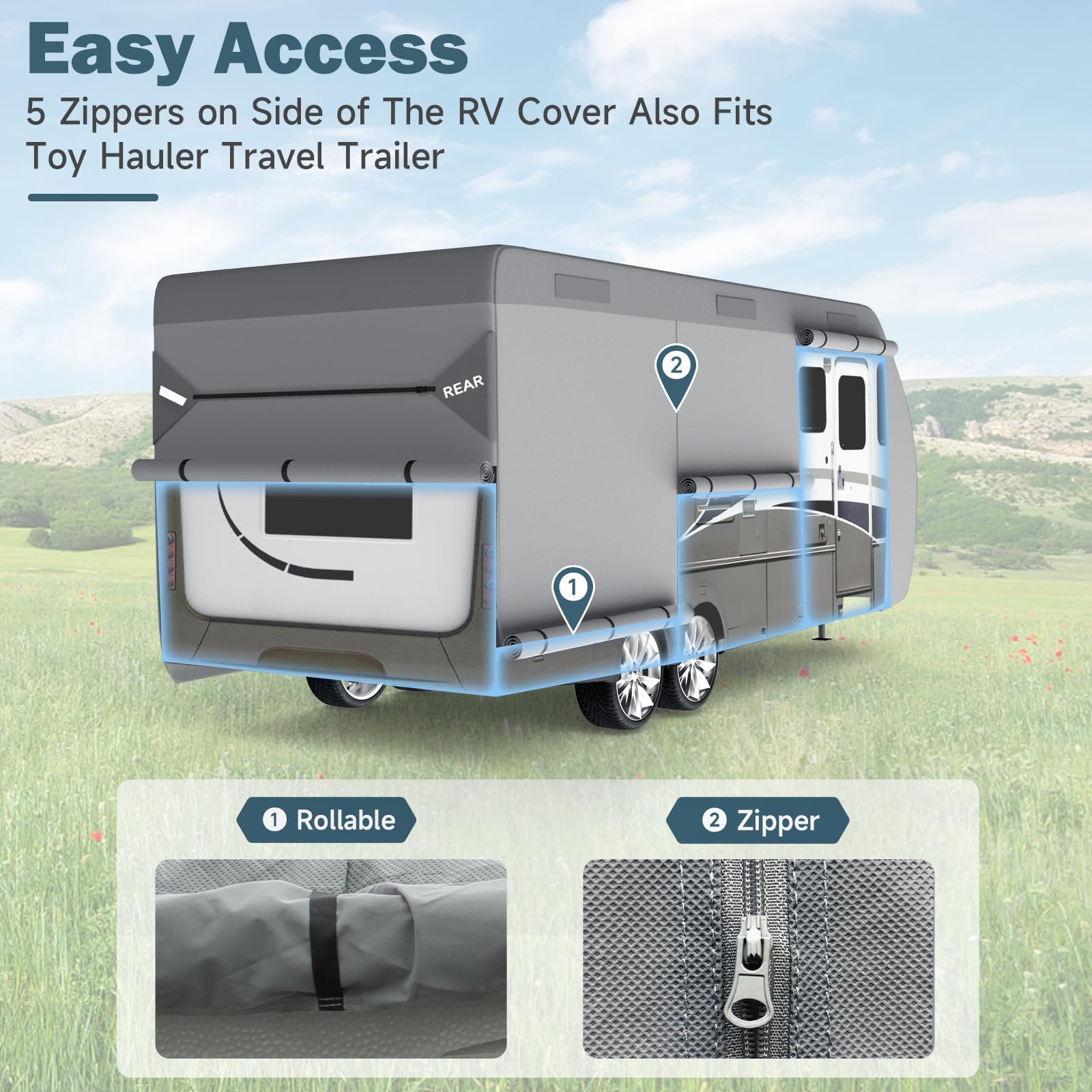 Umbrauto RV Cover 35-38ft - 7 Layer Waterproof Travel Trailer Cover with Tongue Jack Protection | Heavy Duty Camper & Toy Hauler Cover | Includes Windproof Ropes & Gutter Covers | Perfect for Outdoor Storage & Winter Protection