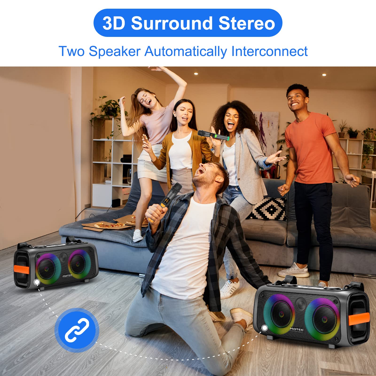 Hotec Portable Bluetooth Karaoke Machine with 2 Wireless Microphones - PA Speaker for Adults & Kids, LED Party Lights, TF/USB/AUX Input, TWS & Recording Function - Perfect for Home Parties, Outdoor Gatherings & Family Entertainment