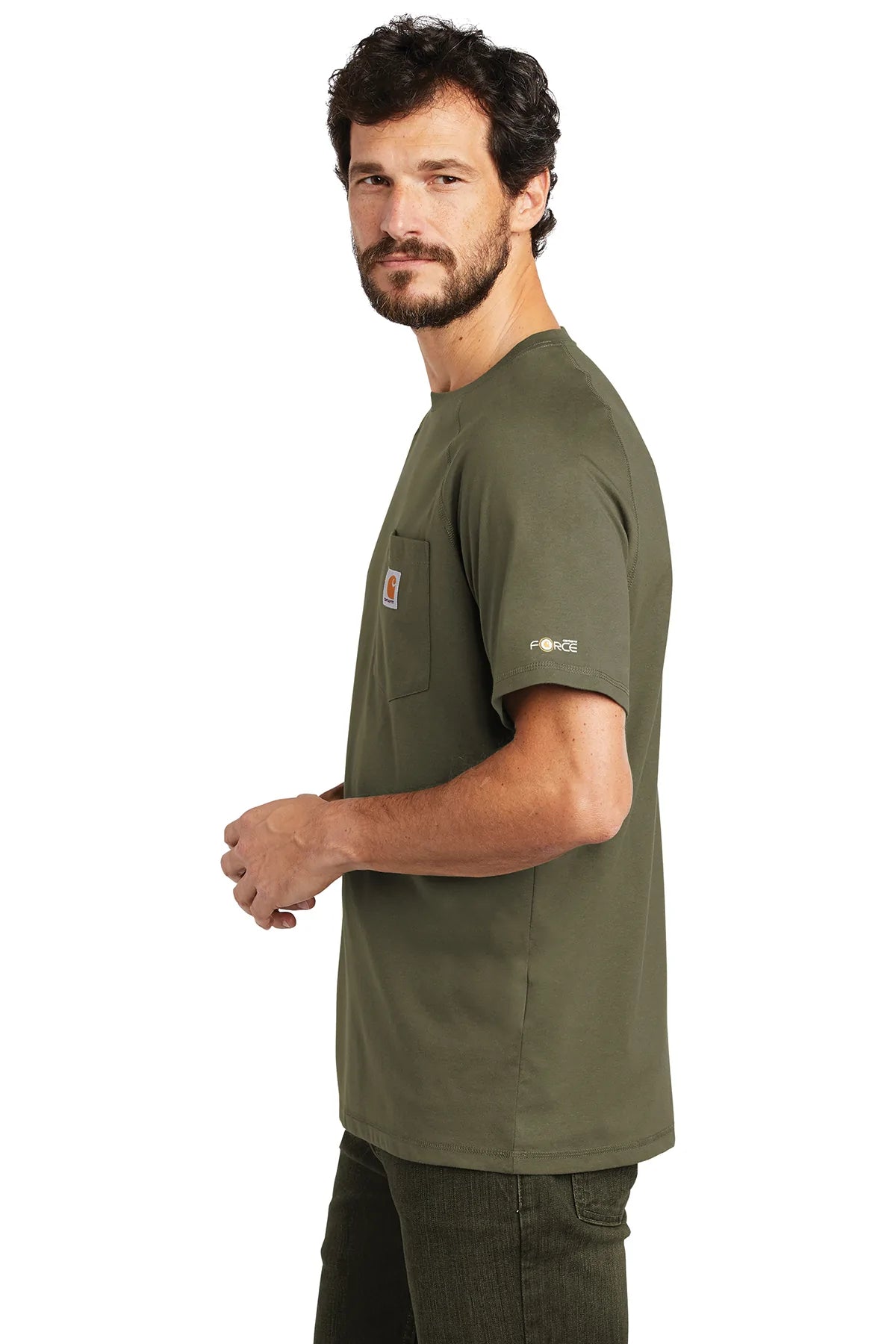 Carhartt Force Cotton Delmont Custom T-Shirts for Men - Durable Workwear & Casual Comfort in Moss Green - Perfect for Construction, Outdoor Activities & Everyday Wear