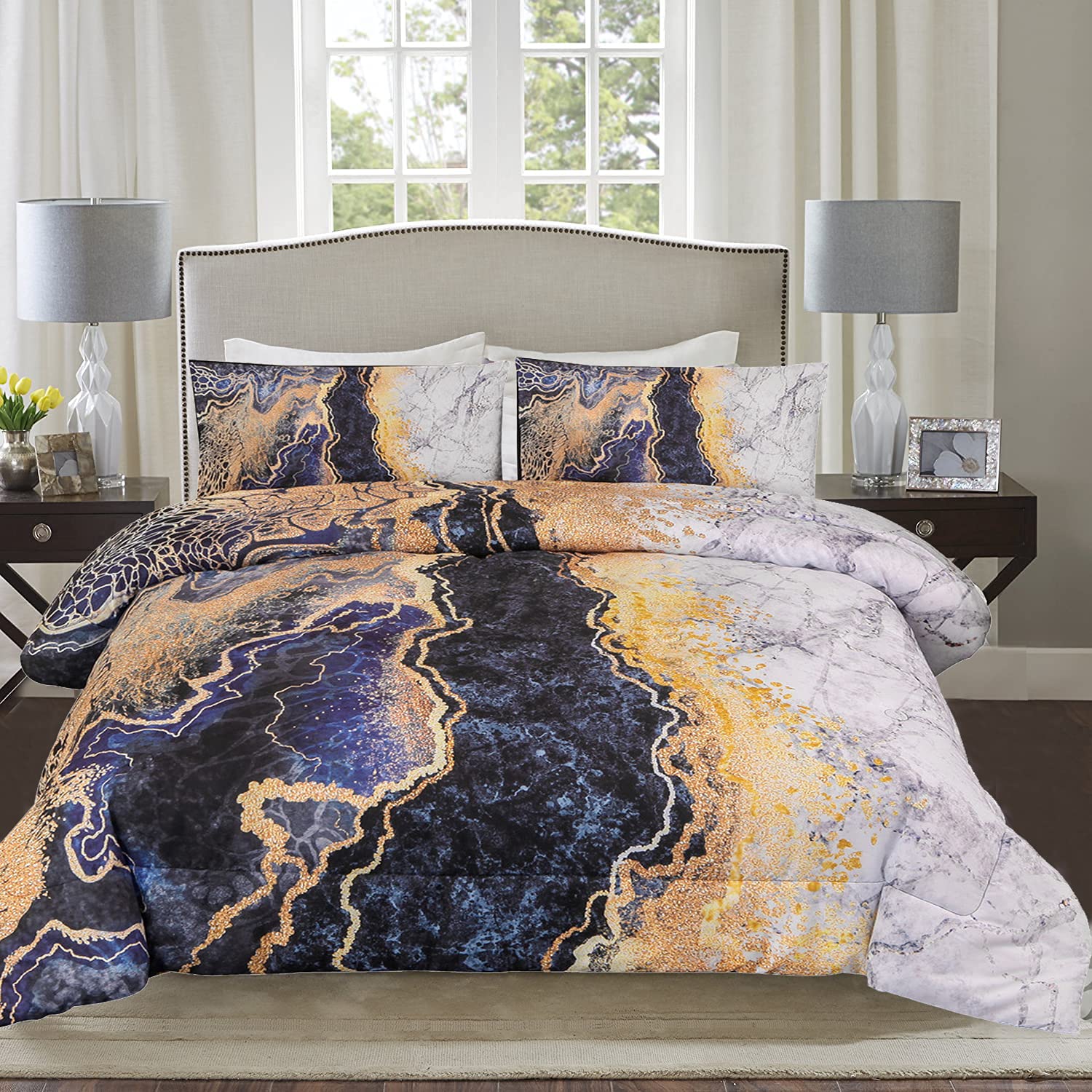 Blckmanba Marble Comforter Set Queen Size - 3D Pattern Tie Dye Gray Microfiber Bedding with 2 Pillowcases | Ultra Soft Luxury Comforter for Bedroom Decor, Hotel Style Bedding Set