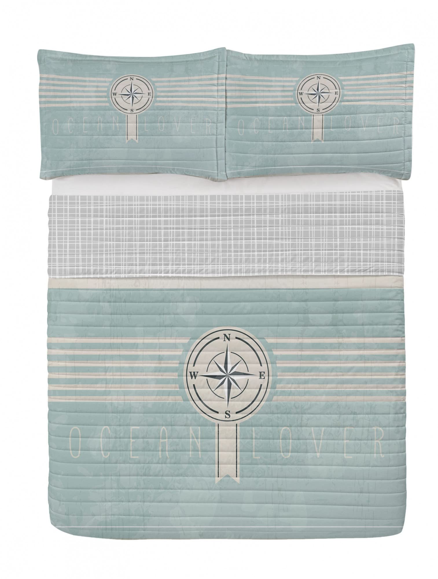 Ambesonne Nautical Reversible Queen Size Bedspread Set - Anchor and Compass Marine Adventure Design, Microfiber Comforter & Pillow Shams, Beige and Blue - Perfect for Coastal Themed Bedrooms, Guest Rooms, and Beach House Decor