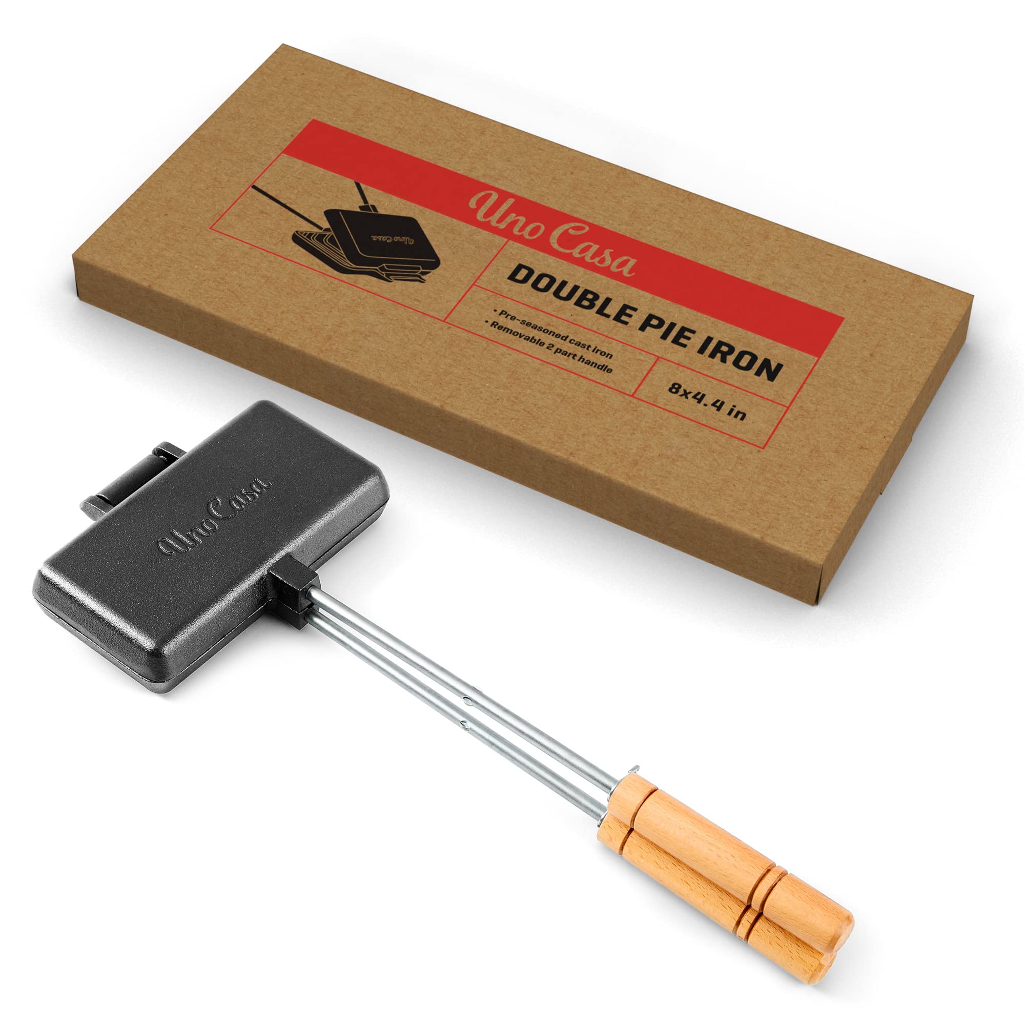 Uno Casa XL Cast Iron Pie Irons Sandwich Maker - Heavy Duty Campfire Cooking Tool for Toasted Pies, Sandwiches & Desserts - Includes Recipe Book - Perfect for Camping, Hiking & Outdoor Adventures