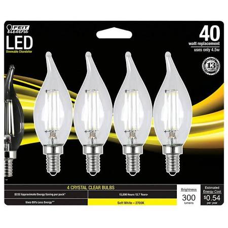 Feit Electric BPCFC40927CA 40W E12 Dimmable Clear Flame Light Bulbs - 2700K Warm White (4-Pack) - Perfect for Chandeliers, Sconces & Decorative Lighting