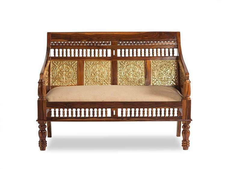 Antique Brass Embossed Solid Wood 2-Seater Sofa - Elegant Vintage Living Room Furniture for Home & Office Decor