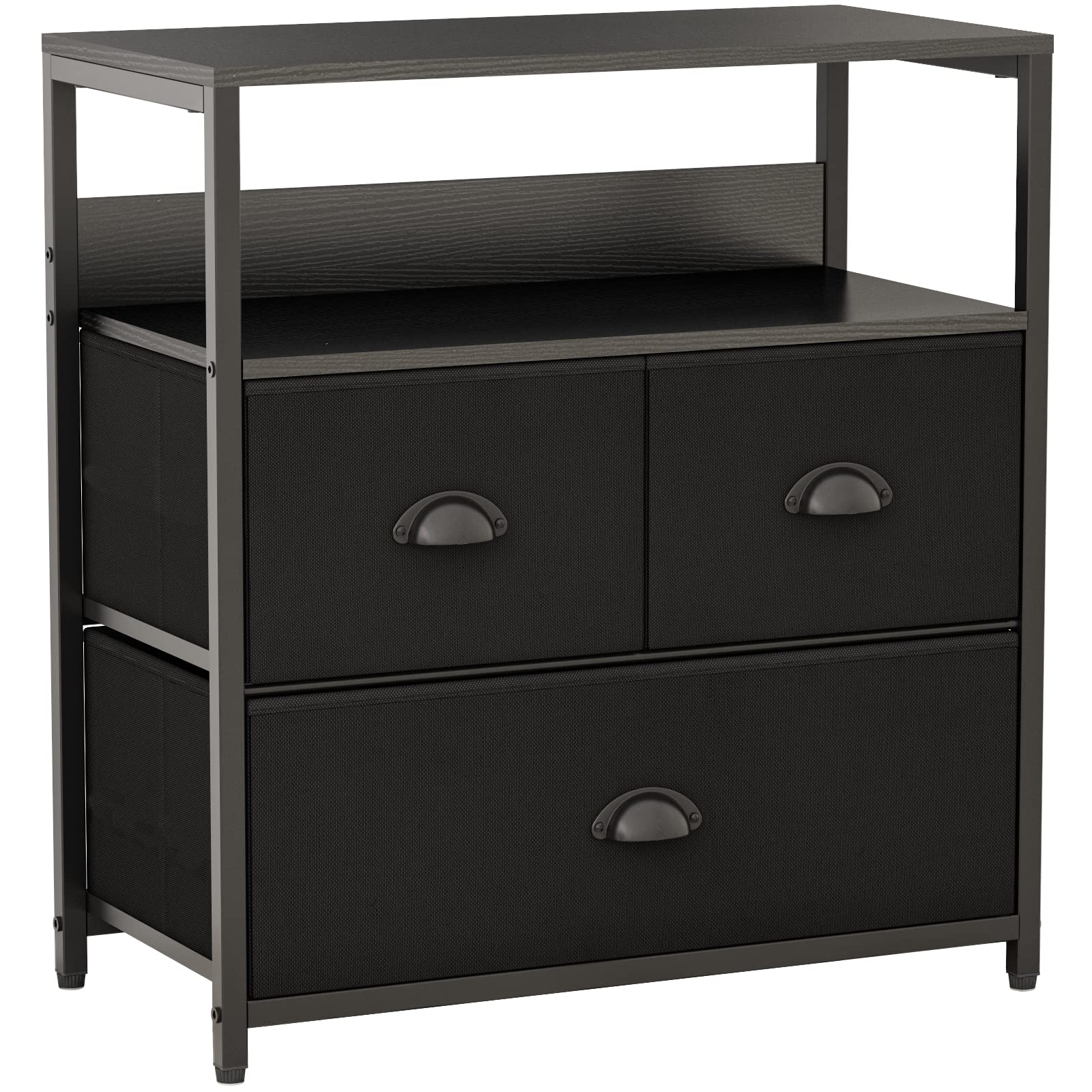 Furologee 3-Drawer Nightstand with Storage Shelf - Rustic Wooden Top & Fabric Linen Bins - Bedside Table, Dresser, Closet Organizer for Bedroom, Hallway, Hotel - Perfect for Small Space Storage & Home Organization (Black)