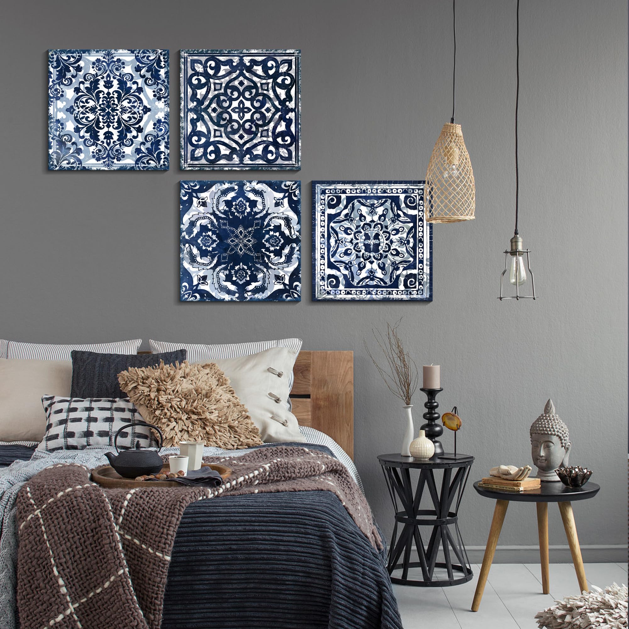 Modern Navy Blue Flower Canvas Wall Art - Set of 4 Framed Abstract Prints (14x14 Inch Each) for Bedroom & Bathroom Decor | Perfect for Home, Office, and Gift Giving