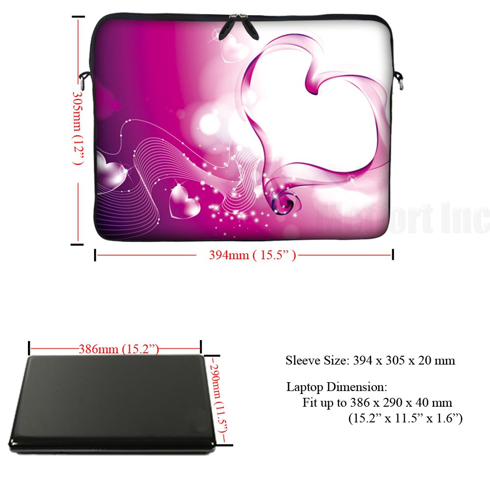 Meffort Inc 15.6 Inch Neoprene Laptop Sleeve Case with Hidden Handle & Adjustable Shoulder Strap - Pink Heart Pattern - Perfect for MacBook, Dell, HP - School, Office, Travel Protection