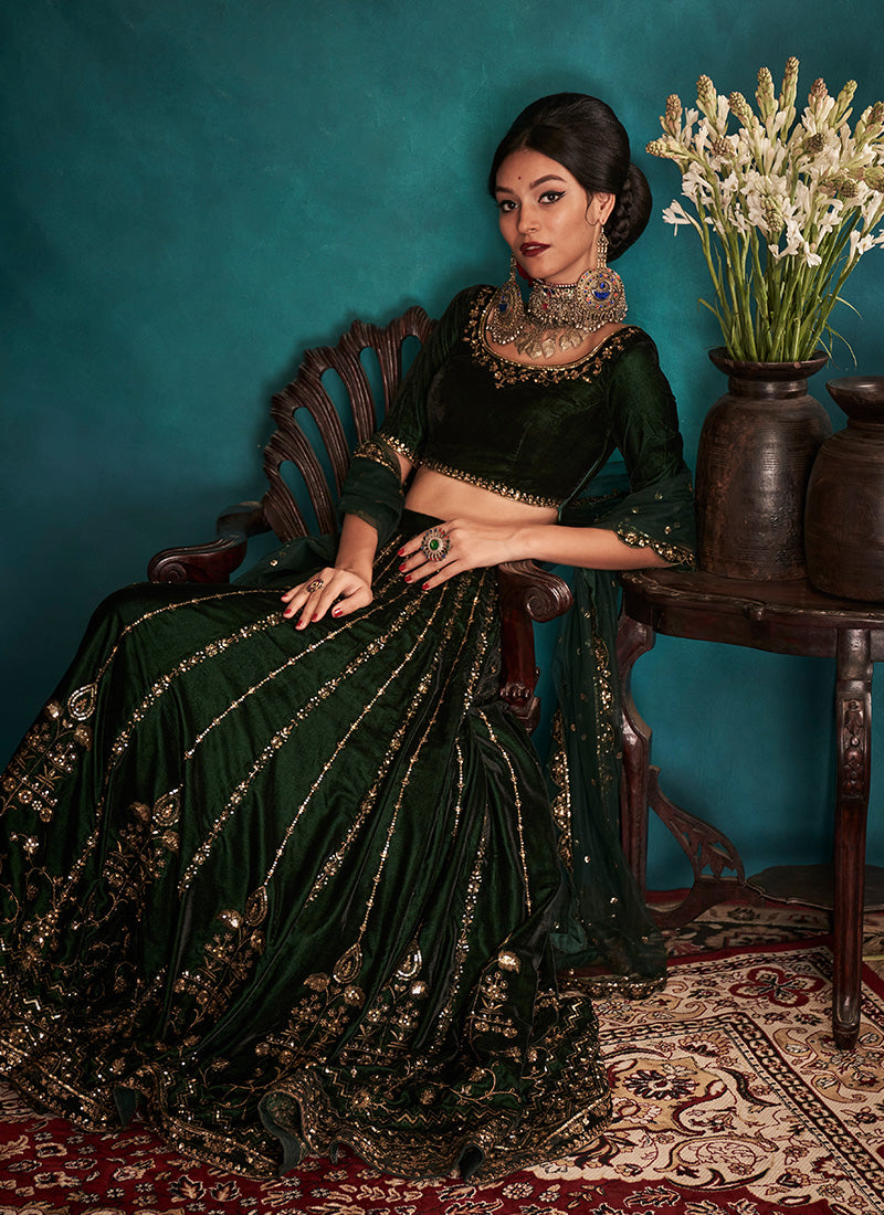 Exquisite Bottle Green Embroidered Velvet Lehenga Choli Set for Women | Indian Wedding Outfit | Perfect for Festivals, Parties & Special Occasions