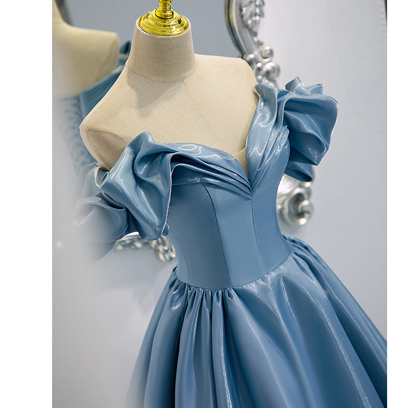 Elegant Off Shoulder Blue Satin Prom Dress for Women - Formal Evening Gown for Party, Ball, Homecoming & Special Occasions | Perfect for Prom Night, Wedding Guest & Black Tie Events
