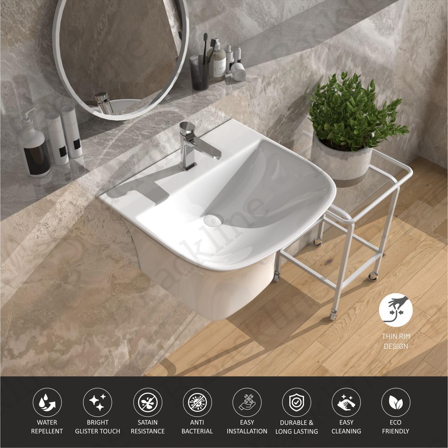 B BACKLINE 19 x 17 x 13 Inch White Ceramic Wall Mount Vessel Sink - Modern Half Pedestal Bathroom Basin for Vanity, Powder Room & Guest Bath - Easy to Clean Wall Hung Wash Basin for Contemporary Homes