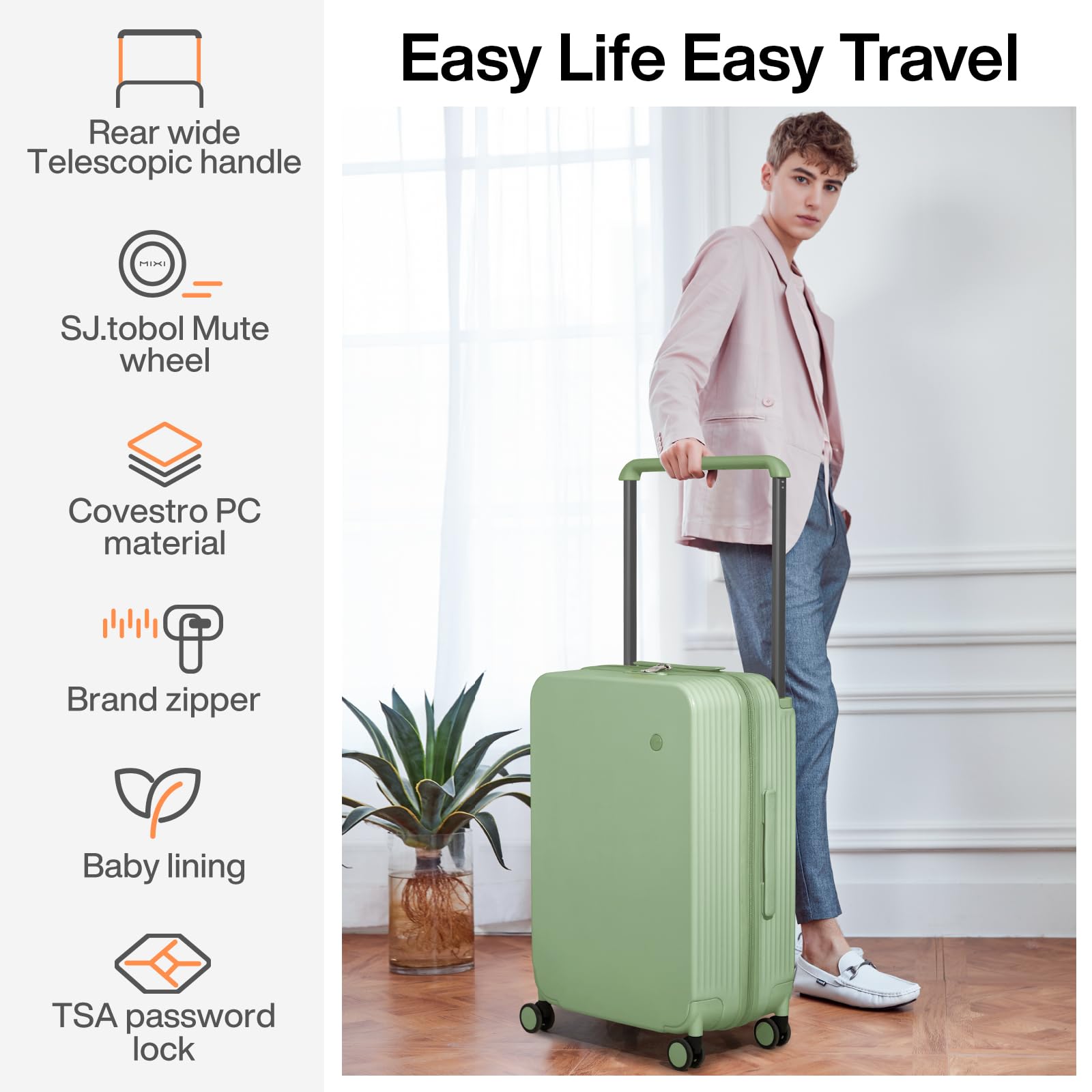 Mixi 20 Inch Carry On Luggage - Airline Approved Lightweight PC Hard Shell Suitcase with Spinner Wheels, TSA Lock & Wide Handle (Avocado Green) - Perfect for Business Travel & Weekend Getaways