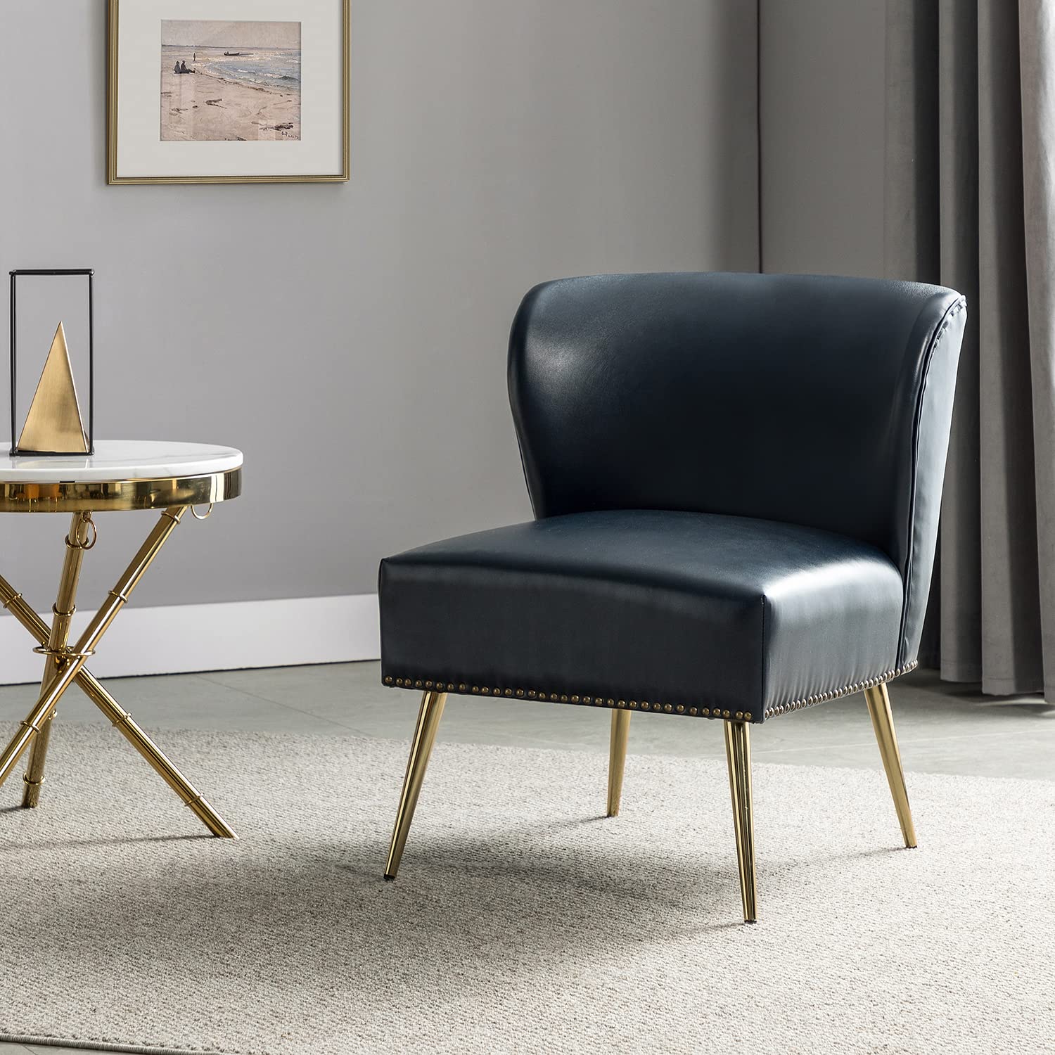 Mid Century Modern Faux Leather Accent Chair with Metal Base - Armless Living Room Chair with Rivet Trim, Navy Blue Upholstered Side Chair for Bedroom, Office & Lounge - Comfortable Home Decor Seating for Small Spaces