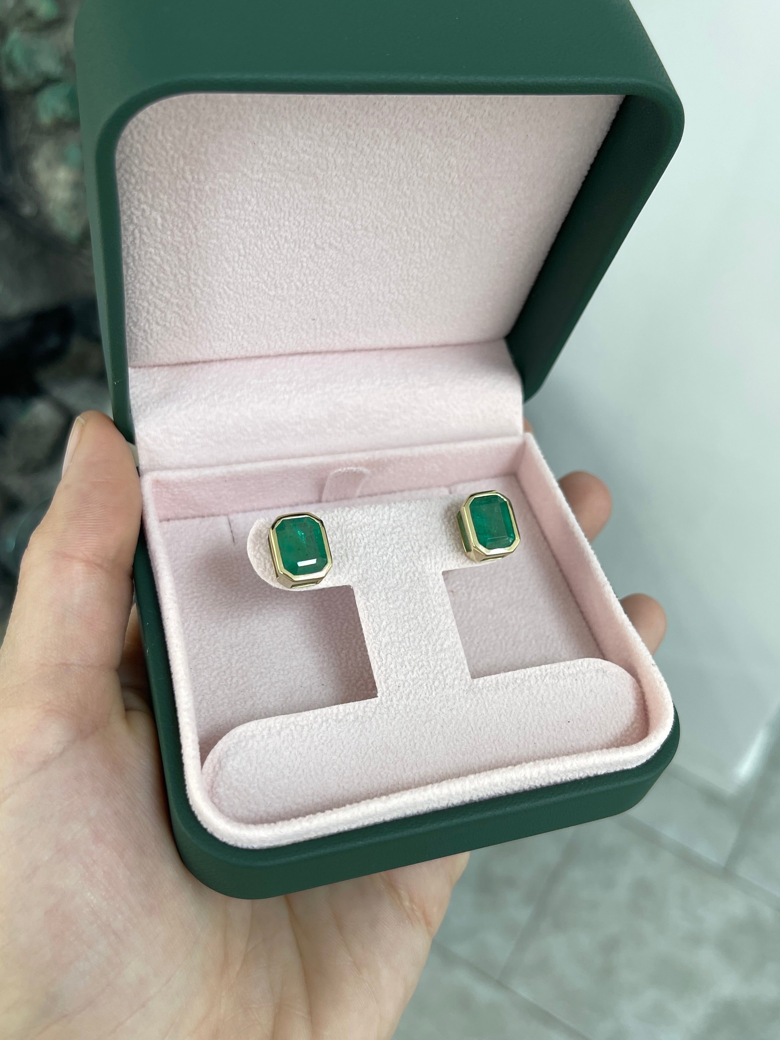 6.0tcw Natural Emerald Stud Earrings in 18K Gold Bezel Setting - Elegant Jewelry for Women, Perfect for Weddings, Parties & Daily Wear