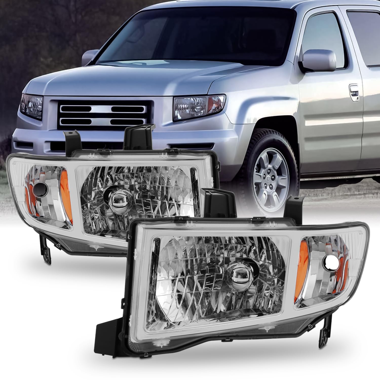 AKKON Chrome Bezel Headlights for Honda Ridgeline - OE Replacement Driver & Passenger Side Head Lamps Pair - Perfect for Night Driving & Off-Road Adventures