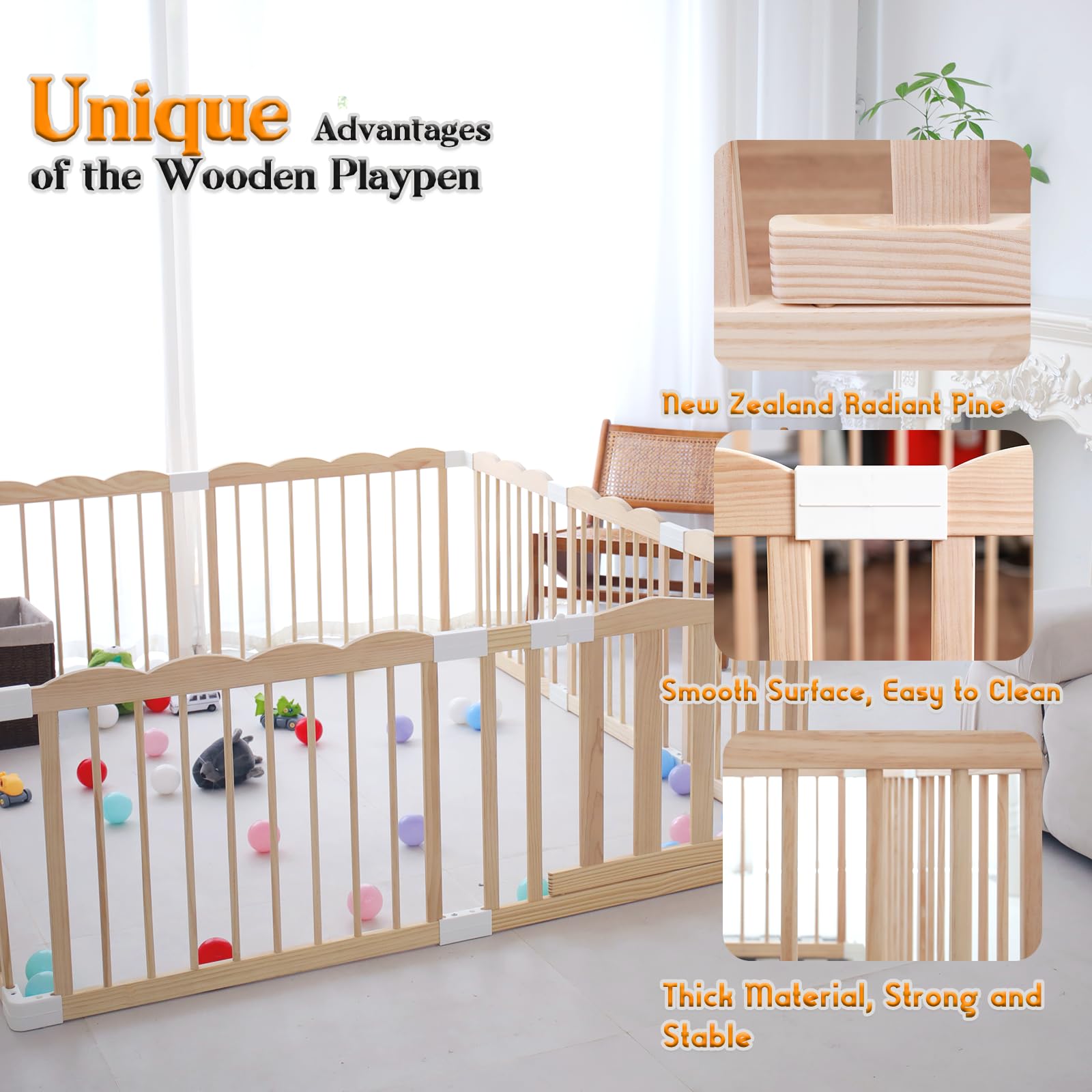 Wooden Baby Playpen for Babies & Toddlers - Large Adjustable Playard with Locking Gate, Easy to Assemble & Portable (62x70x24 Inch) - Safe Play Area for Nursery, Living Room & Outdoor Use