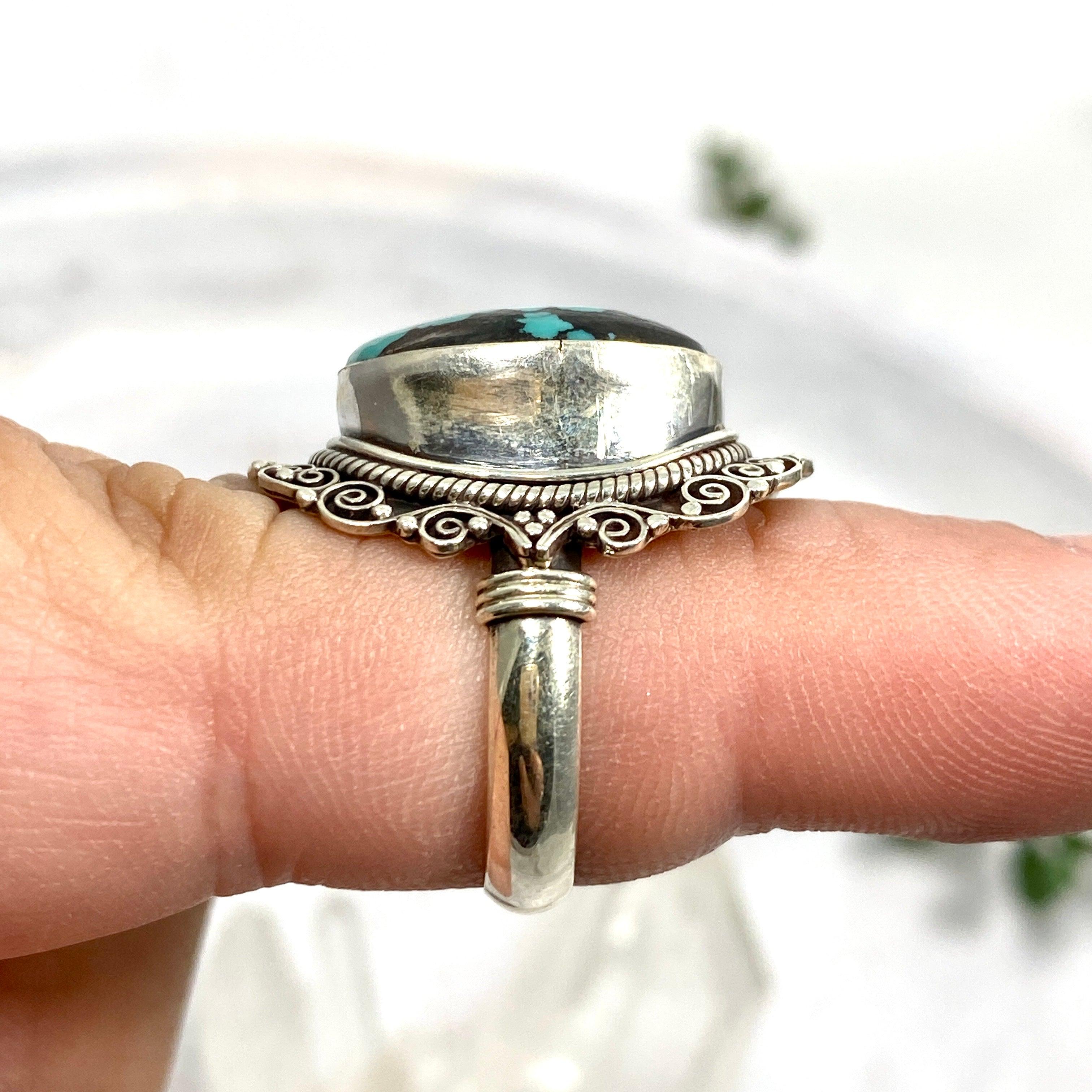 Boho Style Turquoise Oval Ring Size 7 - Handmade Sterling Silver Jewelry for Women, Perfect for Festivals, Weddings & Everyday Wear KRGJ2778