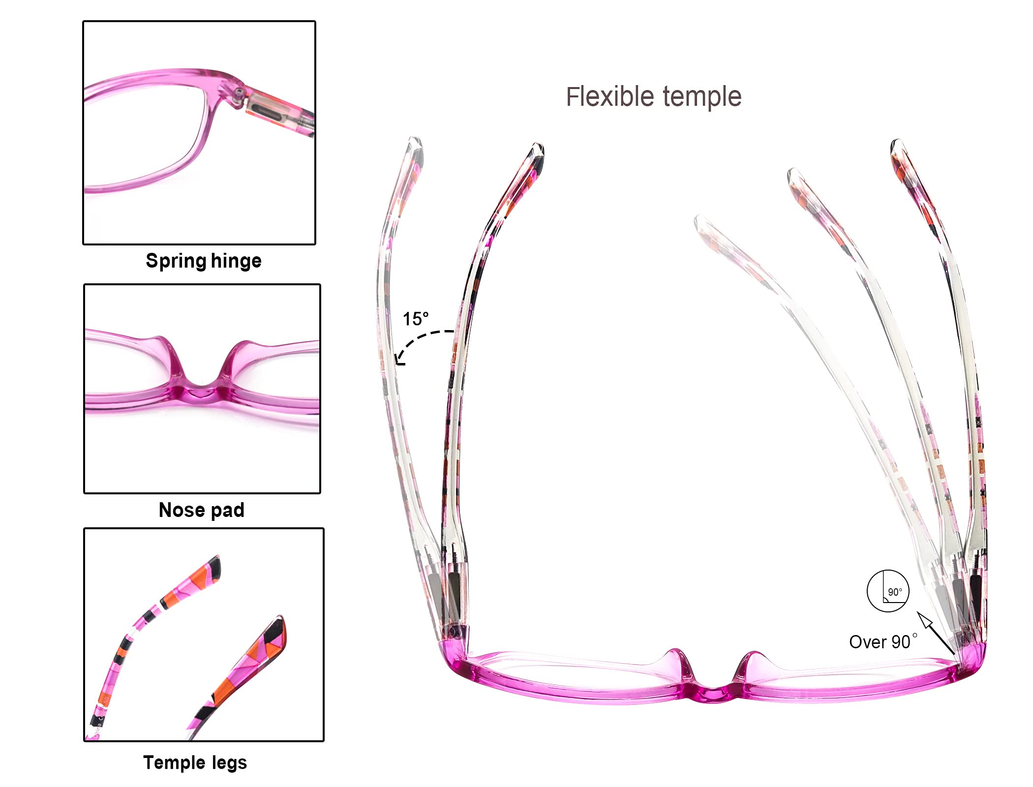 Women's +2.00 Reading Glasses - 5 Pack Colorful Lightweight Readers with Comfortable Fit | Perfect for Reading, Crafts & Computer Work