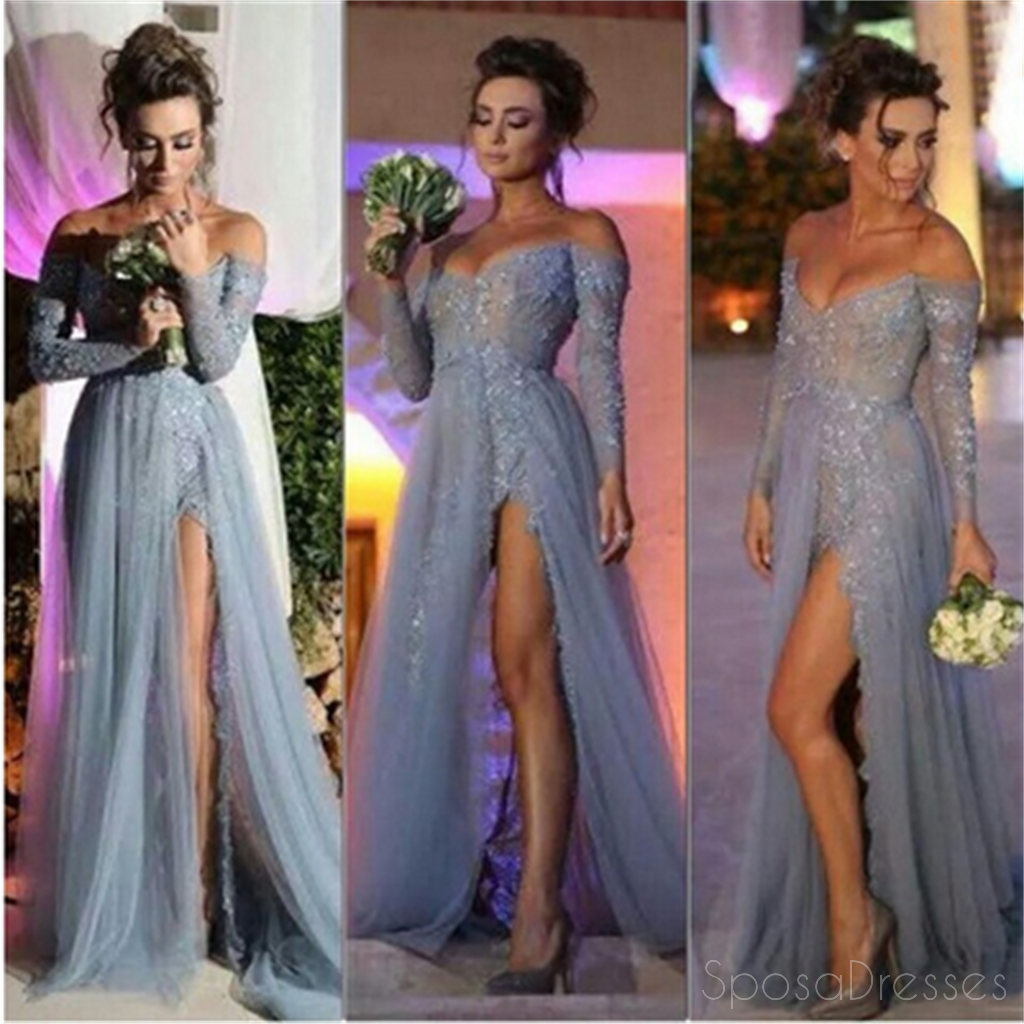 Elegant Long Gray Lace Prom Dress with Off-Shoulder V-Neck & Side Slit - Sexy Evening Gown for Homecoming, Formal Dances & Special Occasions - PD0021