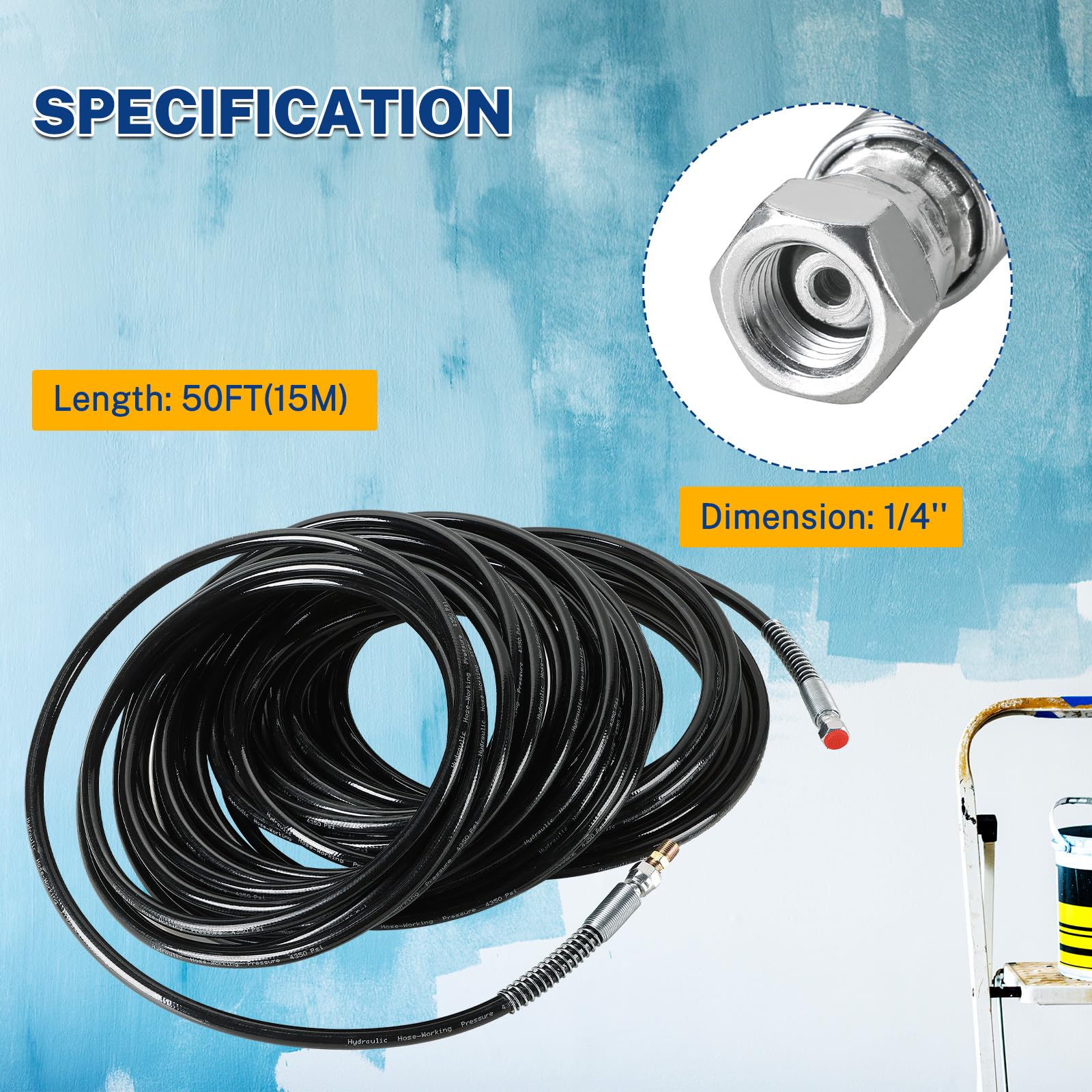 50ft Airless Paint Spray Hose - 1/4 Inch Black High Pressure 3600psi Flexible Fiber Tube for Paint Sprayers - Ideal for Professional Painting, Home Renovation, and DIY Projects (50FT, Black)