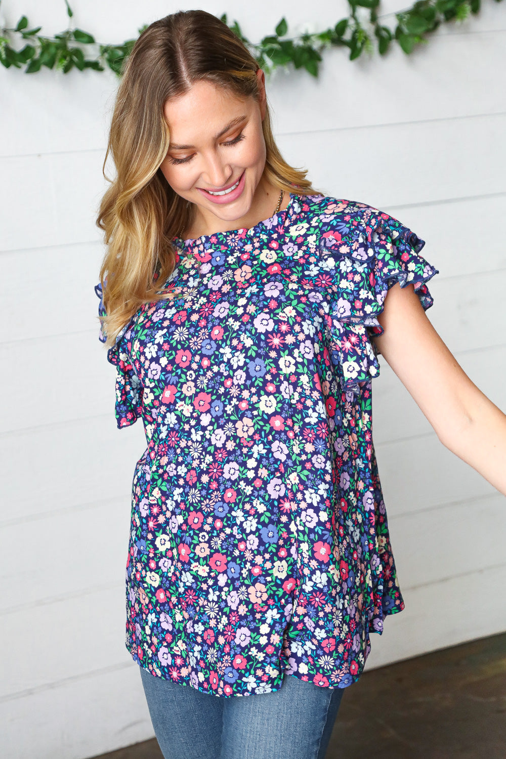 Navy Floral Print Mock Neck Flutter Sleeve Blouse for Women | Elegant Summer Tops for Office, Date Night & Casual Outings