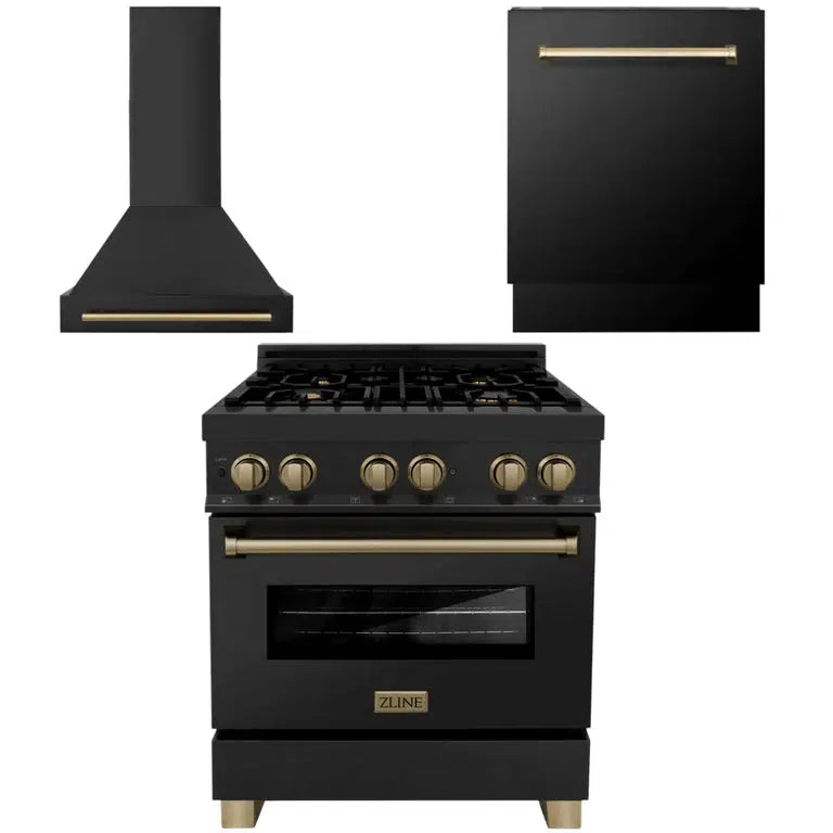 ZLINE Autograph Edition 30-inch Black Stainless Steel Dual Fuel Range with Range Hood & Dishwasher - Champagne Bronze Accents Kitchen Package (3AKP RABRHDWV30 CB) | Premium Cooking Set for Modern Kitchens & Home Chefs