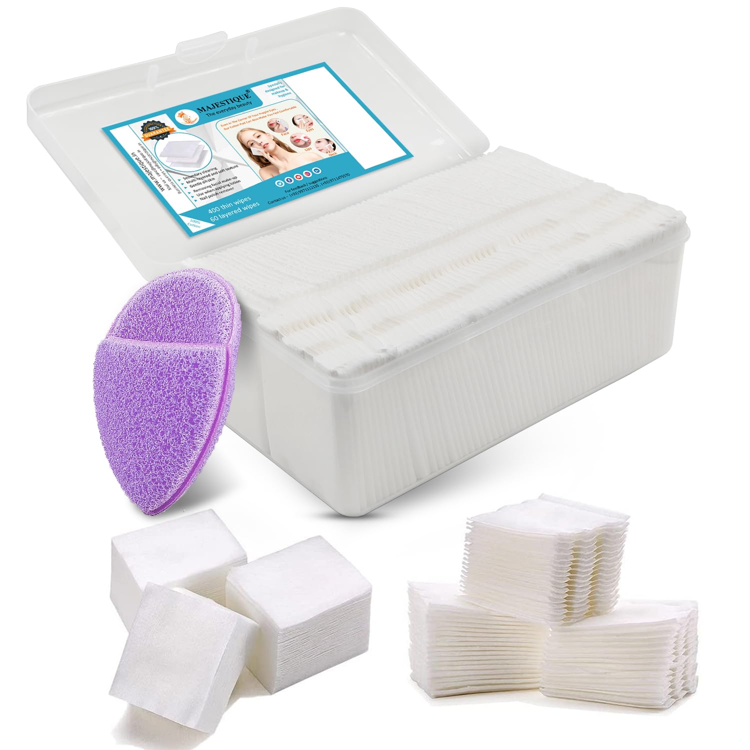 Majestique Reusable Cotton Face Pads & Finger Sponge - Soft Makeup Remover Wipes for Eye & Face Cleansing, Pure Cotton Toner Pads (460 Count) - Eco-Friendly Beauty Routine Essential for Daily Skincare & Makeup Removal