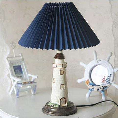 Kiven Nautical Lighthouse Table Lamp - Large Cape Hatteras Style Desk Light with Blue Cloth Shade | Coastal Decor, Bedroom Nightstand, Office Lighting, Living Room Accent