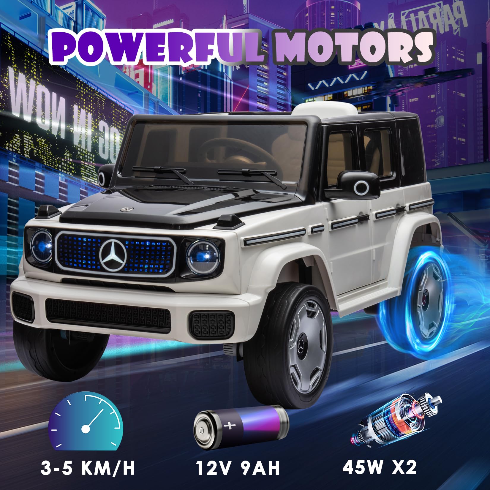GARVEE 12V Licensed Mercedes Benz EQG Kids Electric Ride On Car with LED Lights & Music - White - Perfect for Birthday Gifts & Outdoor Play