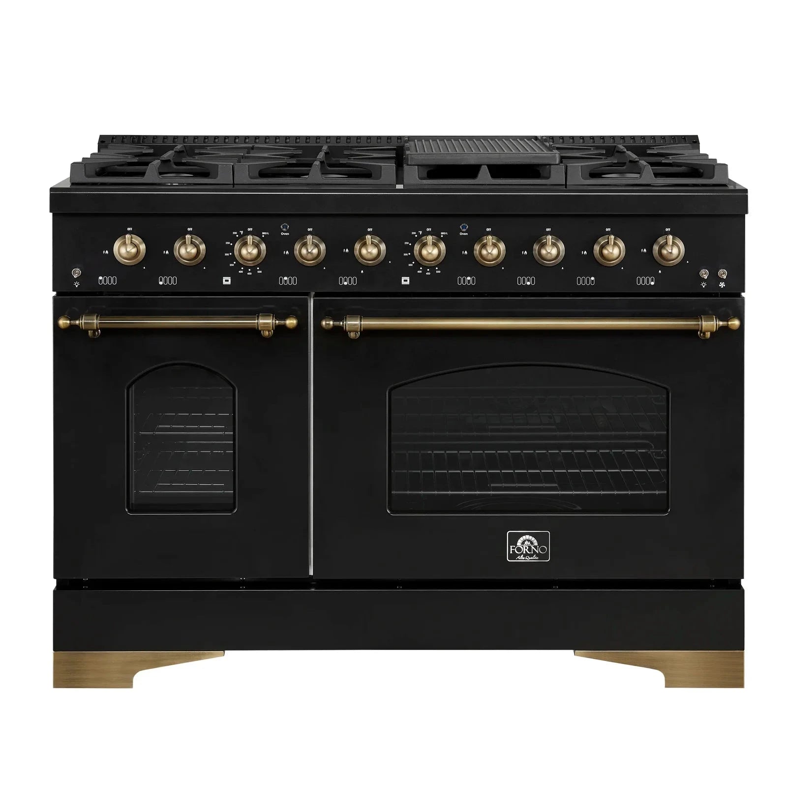 **Forno Antico 48-Inch Dual Fuel Range with 8 Gas Burners & Electric Convection Oven - Black Finish & Antique Brass Trim (Model FFSGS6113 48BLK) - Perfect for Professional Kitchens & Home Chefs**