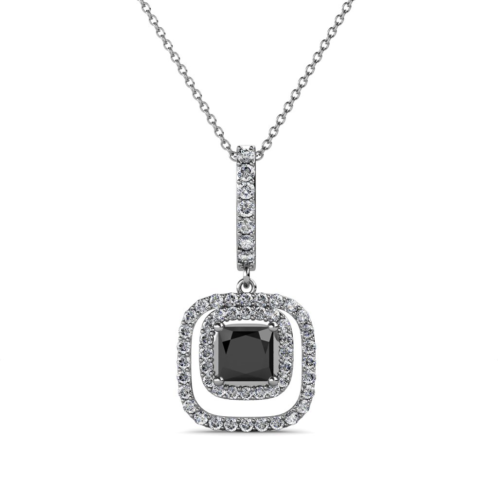 14K White Gold Black & White Diamond Halo Pendant Necklace for Women - 0.86 ctw, 18