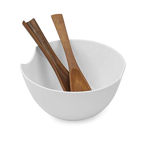 Nambe Quatro Acacia Wood Salad Bowl Set with Wooden Utensils | 11-Inch Serving Bowl for Entertaining & Dining