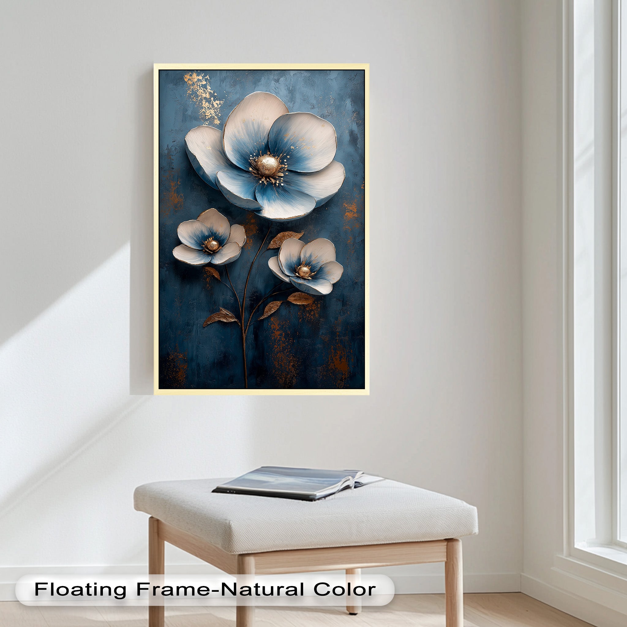 Blue and Gold Flower Modern Oil Painting - Handmade Canvas Wall Art for Living Room, Bedroom & Office Decor
