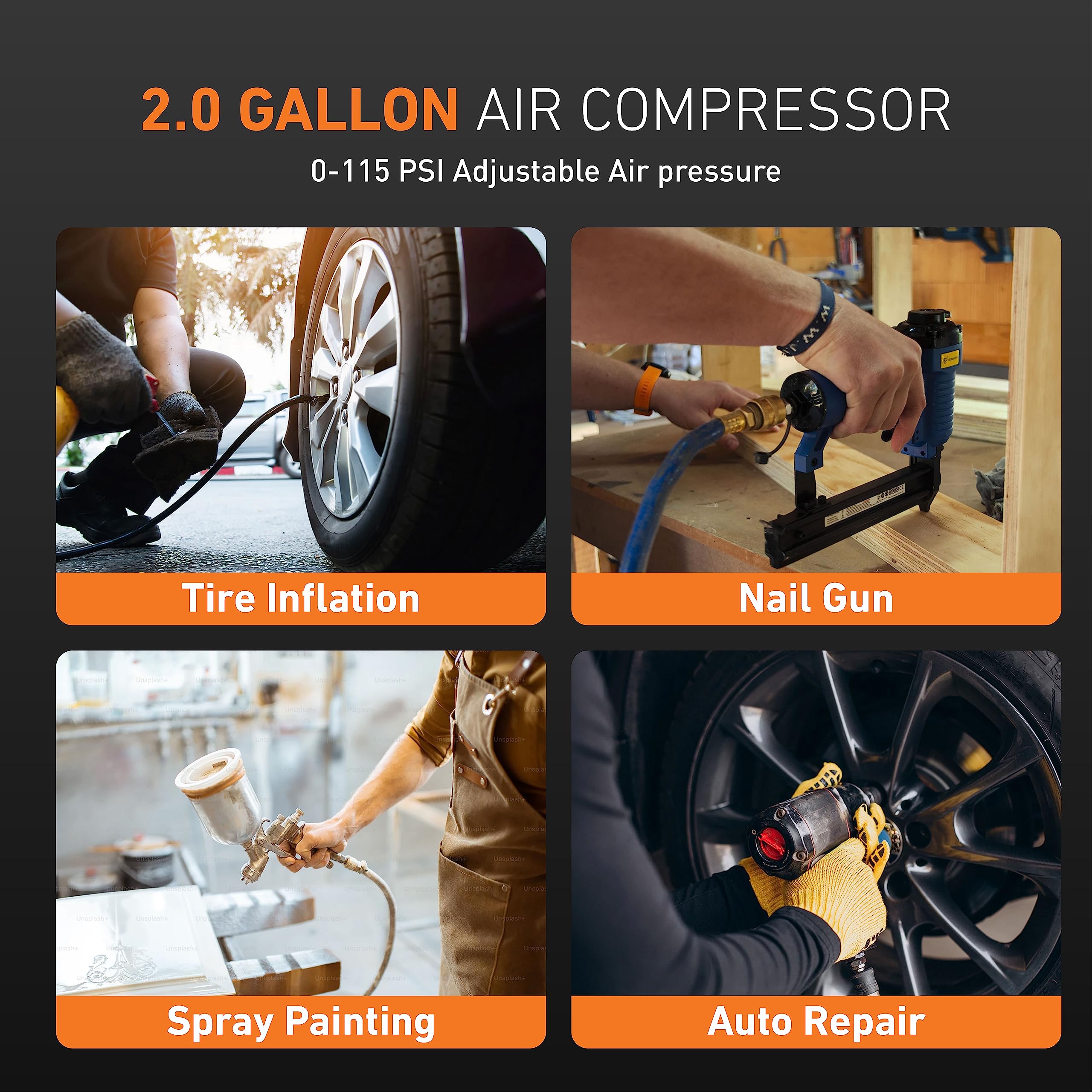 2 Gallon Portable Air Compressor - 1.8 SCFM@90 PSI, 1.1 HP Oil-Free, Max 150 PSI, 70 dB Quiet - Ideal for Home Garage, Car Repair, DIY Projects & Pneumatic Tools (Nail Guns, Impact Wrenches)