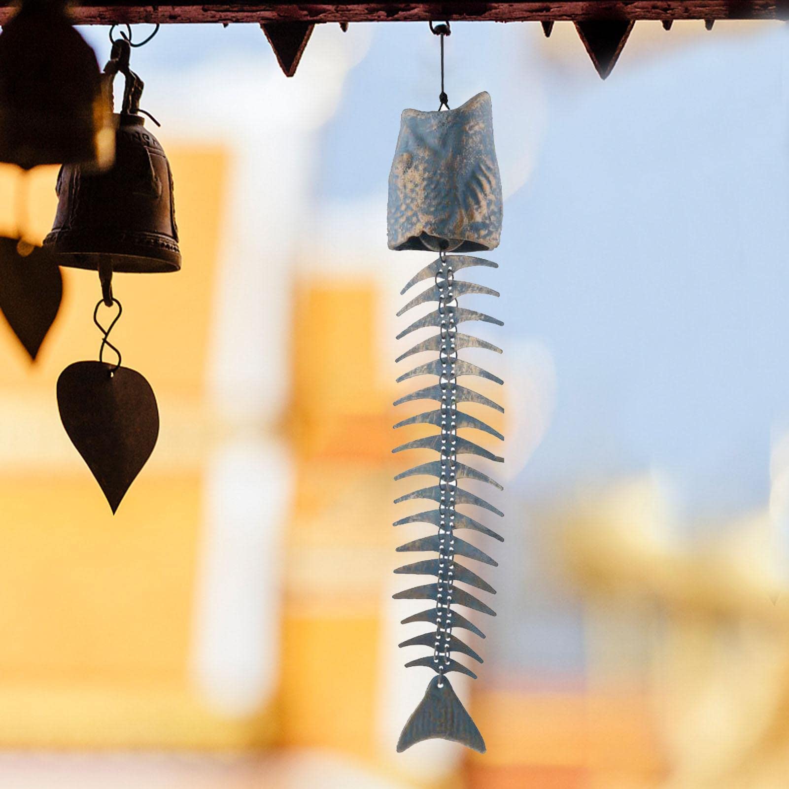 Cast Iron Metal Fish Wind Chime with Bronze Skeleton Bells - Outdoor Garden Decor for Porch, Patio & Courtyard | Relaxing Wind Chimes for Meditation & Stress Relief