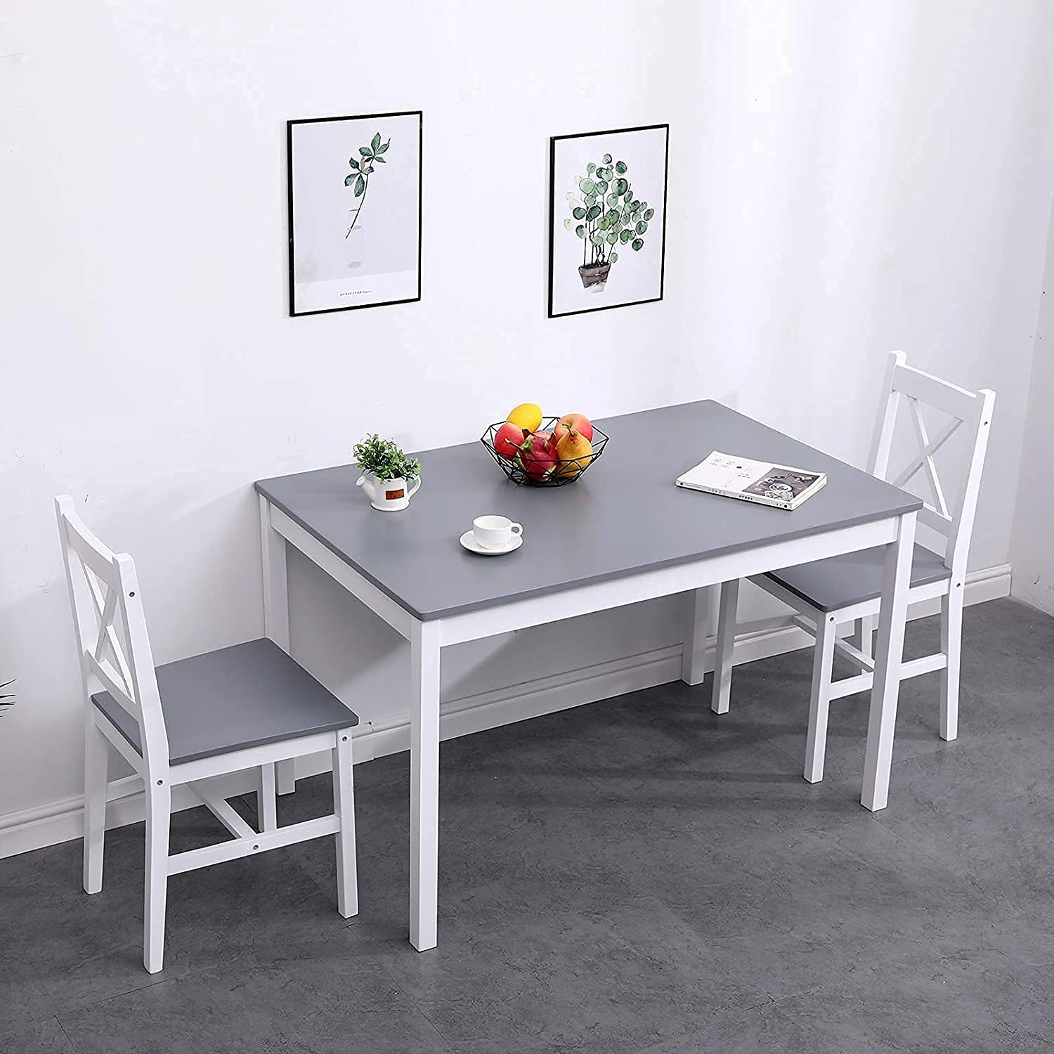 42.5 Inch Pine Wood Dining Table Set for 4 - 5-Piece Kitchen Table & Chairs Set with 4 Chairs for Small Space, Apartment, Dinette - White and Grey - Perfect for Breakfast Nook, Compact Dining Rooms & Cozy Kitchenettes