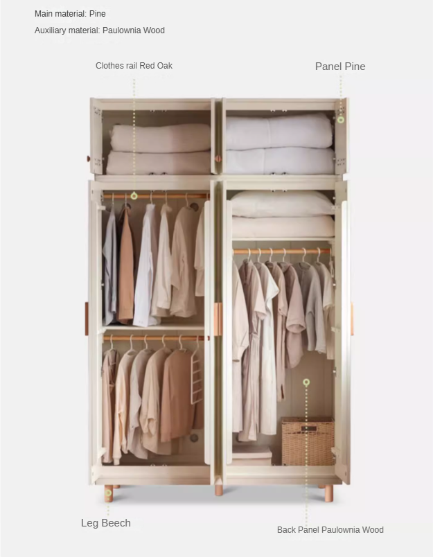 Pine Solid Wood Wardrobe - Cream Style Modern Closet for Bedroom, Living Room & Office Storage