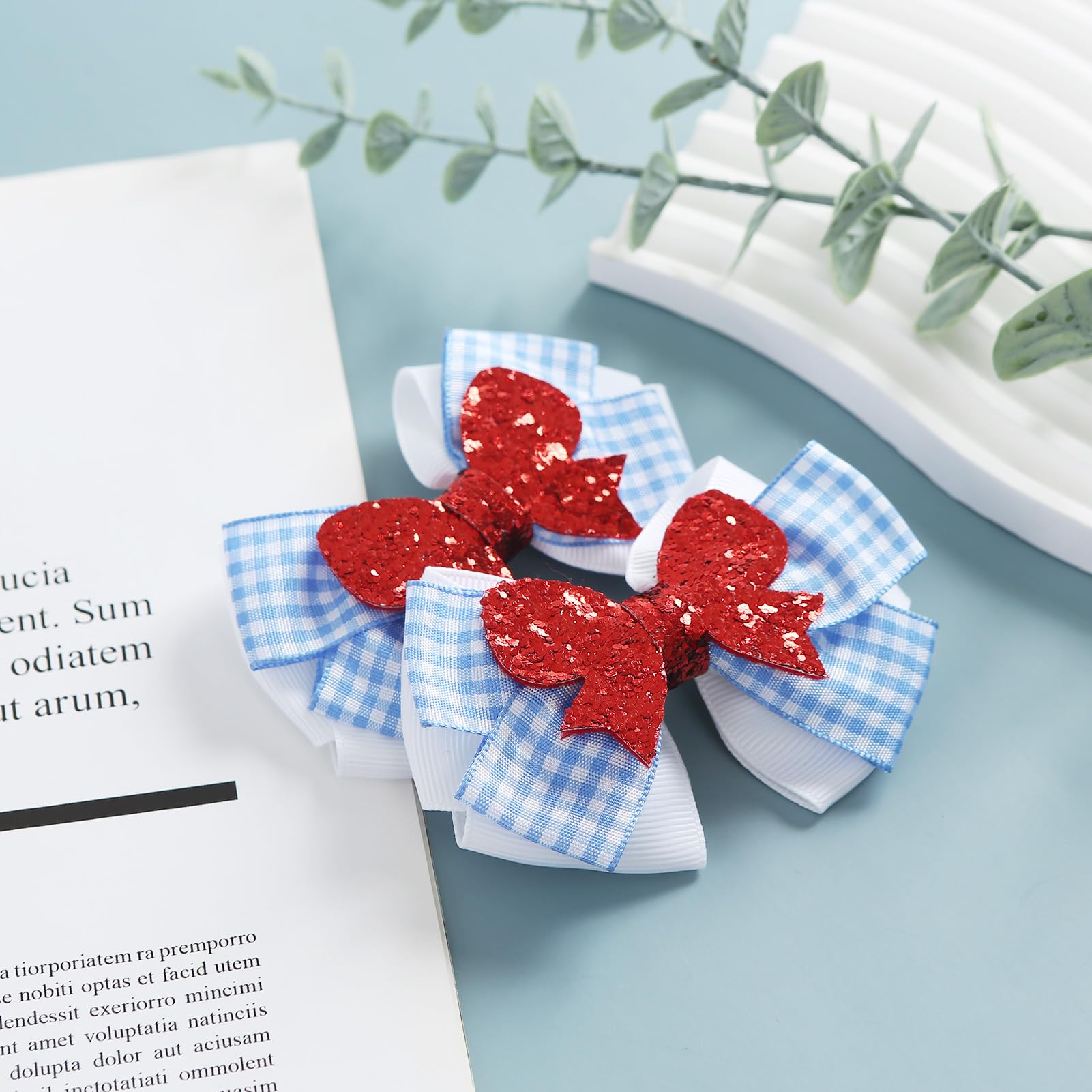 2PC Blue and White Gingham Hair Bow Clips - 3.5 Inch Checker Pigtail Bows for Girls - Wizard of Oz Dorothy Halloween Costume Accessories - Perfect for Cosplay, Dress Up Parties, and Themed Events