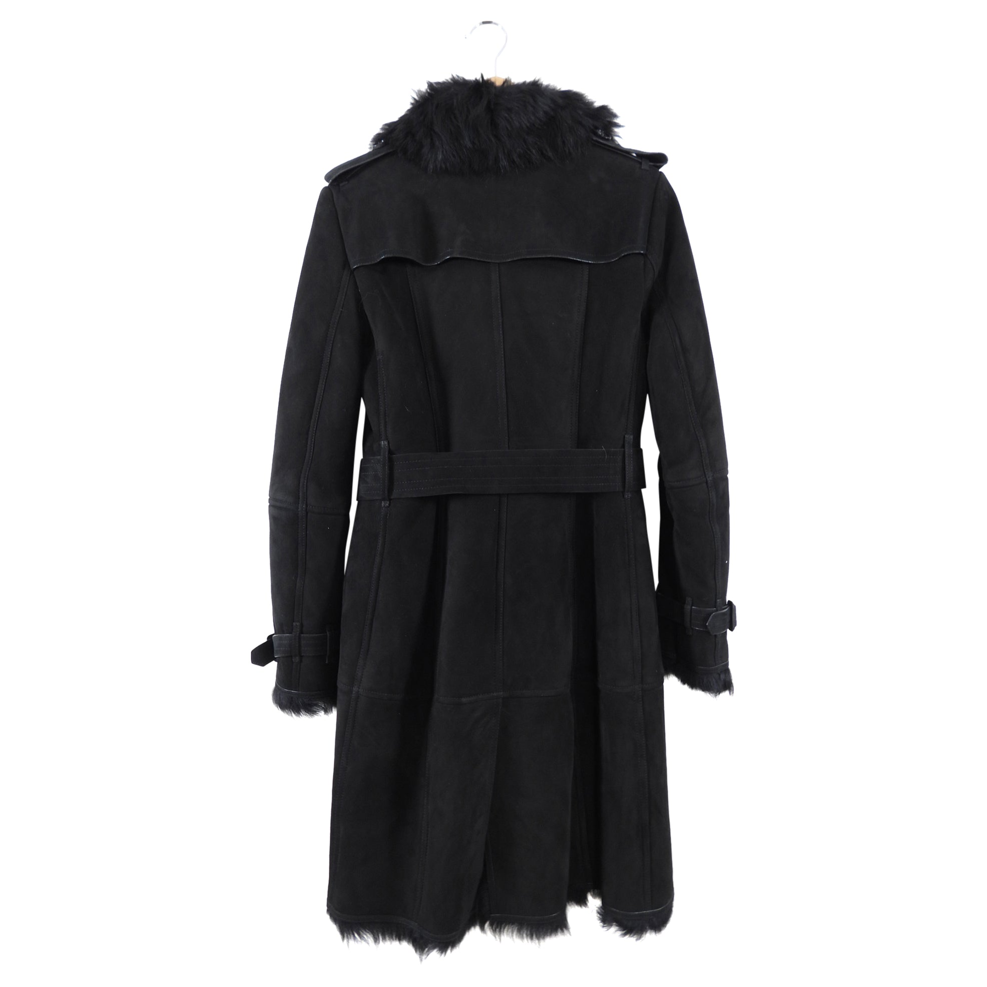 Burberry Black Shearling Long Trench Coat for Women | Size FR36 IT40 USA 4 | Winter Warm Wool Blend Outerwear | Perfect for Office, Travel & Formal Occasions