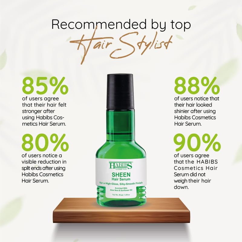 HABIBS COSMETICS Sheen Hair Serum - Smooth Anti-Frizz Treatment with Aloe Vera & Sunflower Oil for Silky, High-Gloss Finish - 50ml (1 Pack) | Perfect for Daily Frizz Control & Heat Styling Protection